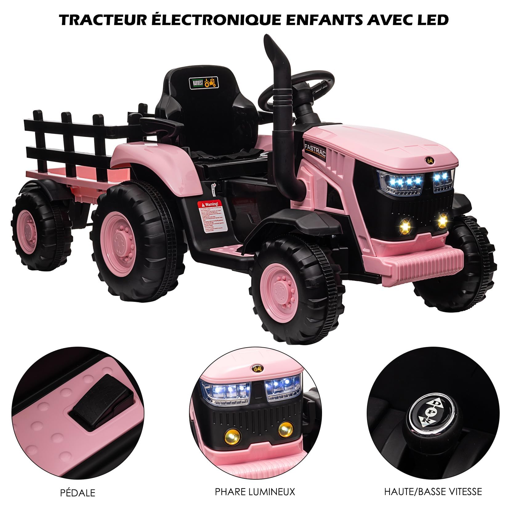 Garvee Trattore Elettrico Bambini 12V con Rimorchio Staccabile - Doppio Motore 35W, 3 Velocità, Luci LED, Musica MP3/Wireless/USB, Clacson, Telecomando Parentale, Veicolo Cavalcabile 3+ Anni, Rosa