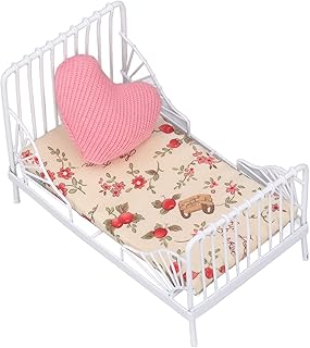 Dollhouse Mini Bed Metal Frame 1:12 Scale White Dollhouse Bed Set Decoration Simulation (Floral Pattern)