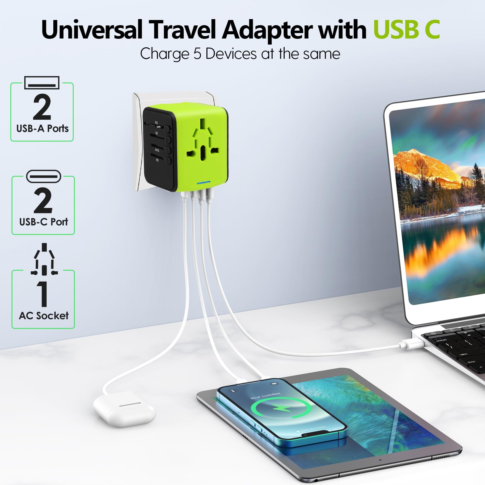 Adaptador de Viaje, JMFONE Adaptador Enchufe Universal con 4 USB y 1 AC Puerto, Adaptadores de Corriente Internacionales para Europeo Americano Español UK Australia Acerca de 200 Países