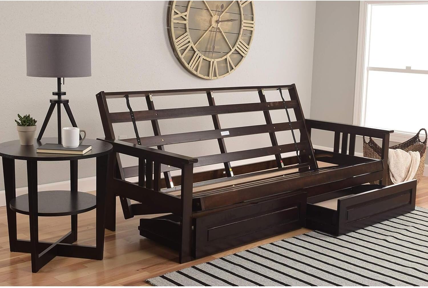 Wooden Futon Frame Set - Convertible Sofa Bed with Mattress - Espresso Finish Peter's Cabin/Full Frame with Storage Drawers