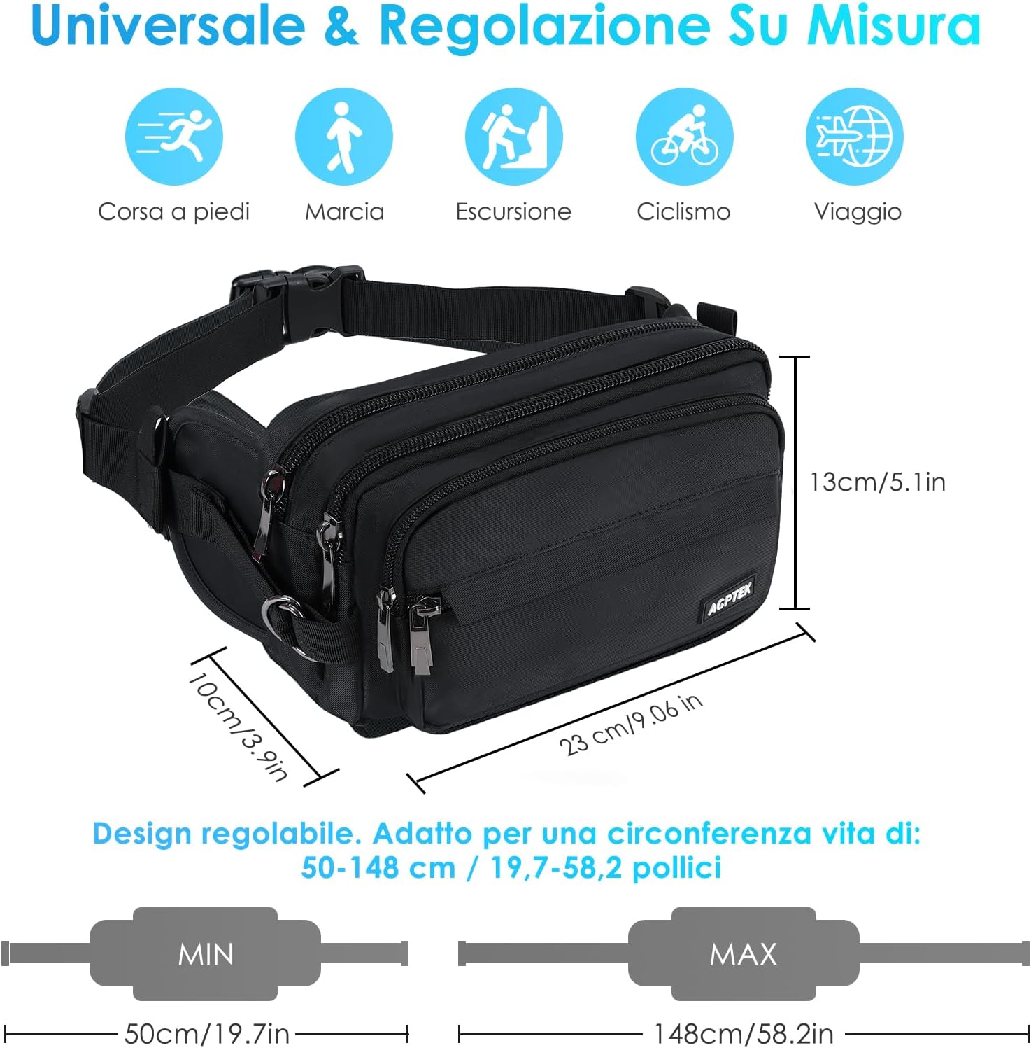 AGPTEK Fanny Pack for Women Men, Waist Wallet Bag,Adjustable Bum Belt Pouch for Travel, Running, Shopping, Hiking, Dog Walking, Cycling, Climbing, Small, Black