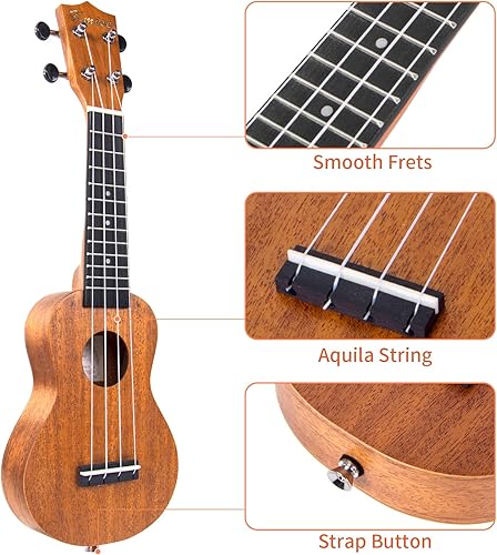 Miniatura 22 de Ukelele Kmise soprano - Ukelele profesional de caoba, Instrumento de 21 pulgadas para principiantes, Kit de iniciación de ukelele hawaiano