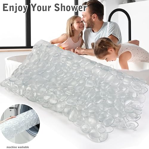 Miniatura 5 de Tapete de ducha antideslizante de 35 x 15.7 pulgadas con ventosas, agujeros de drenaje para ducha, bañera, baño, lavable a máquina (transparente)