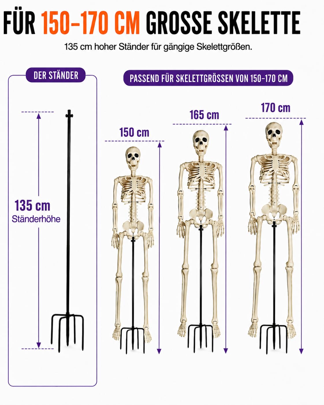 Halloween-Skelettständer-Set mit Solar-Lichterkette（Skelett nicht enthalten）Wasserfeste Halloween-Deko für 150-170 cm Skelette, Zubehör für Garten, Rasen, Veranda, Terrasse & Friedhof-1P