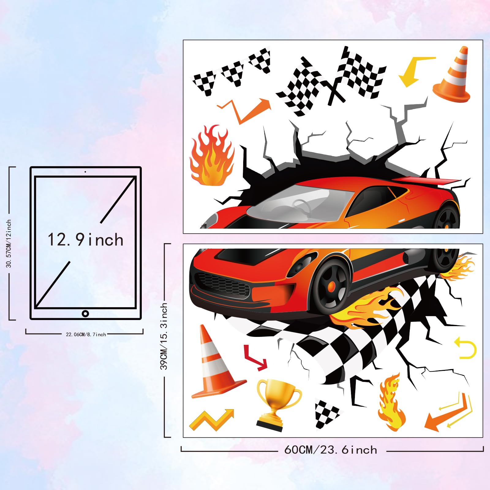 beinkmake 3D Racing Cars Wall Decals Fast Red Car Break Through The Wall Stickers Simulation Crack Hole Flags Flames Wall Decor Gifts for Boys Bedroom Nursery Living Room Apartment - Image 2