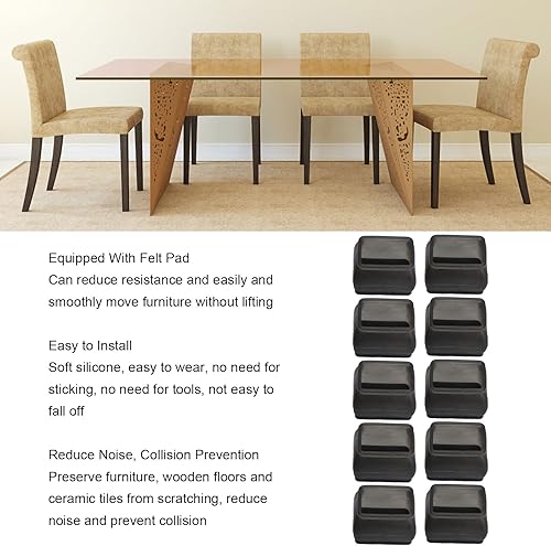 Miniatura 5 de Mumusuki 20 protectores de suelo para patas de silla, rectangulares transparentes de silicona negra con tapete de fieltro, patas de silla para