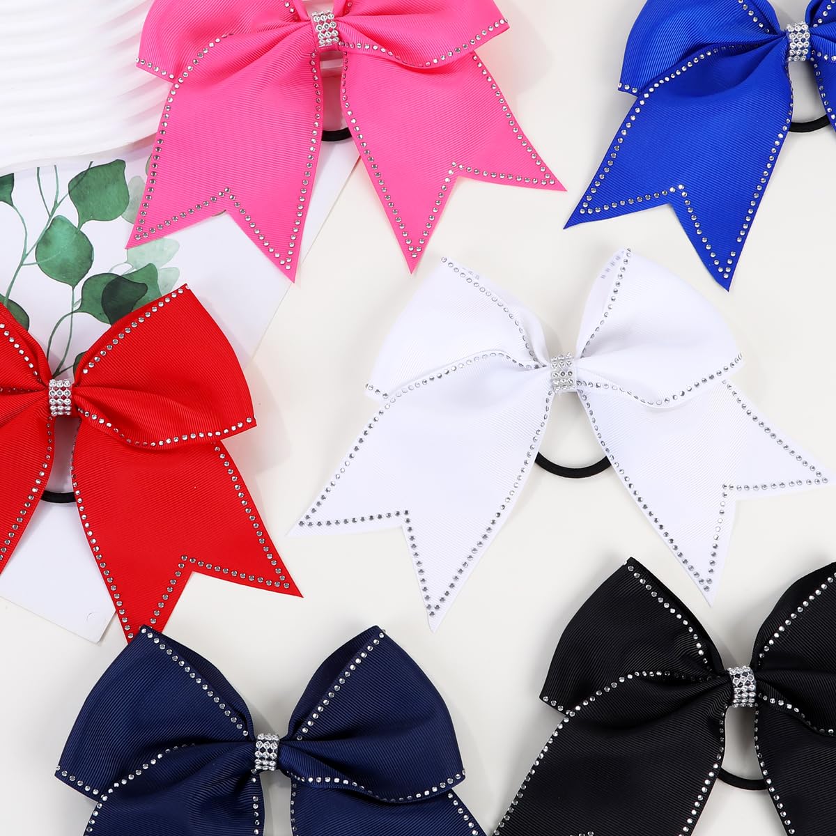 Lazos grandes con diamantes de imitación para el pelo, 12 lazos de animación con purpurina de 17,78 cm, soporte para cola de caballo para niñas, moños para animadoras, competiciones