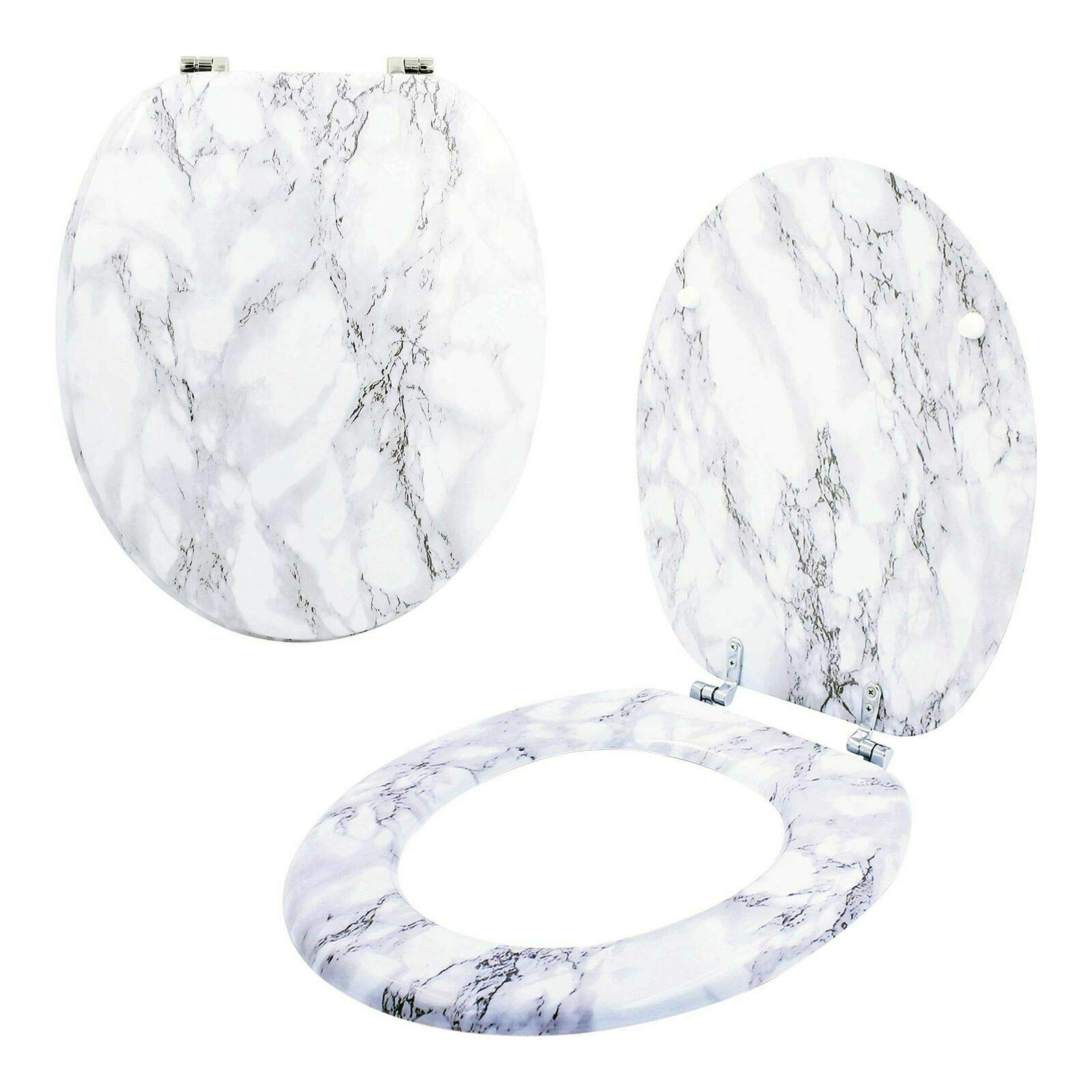 Optimal Products White Marble Anti-Bacterial Coating Marble Effect Toilet Seat Loo Seats No Rust Chrome Hinges