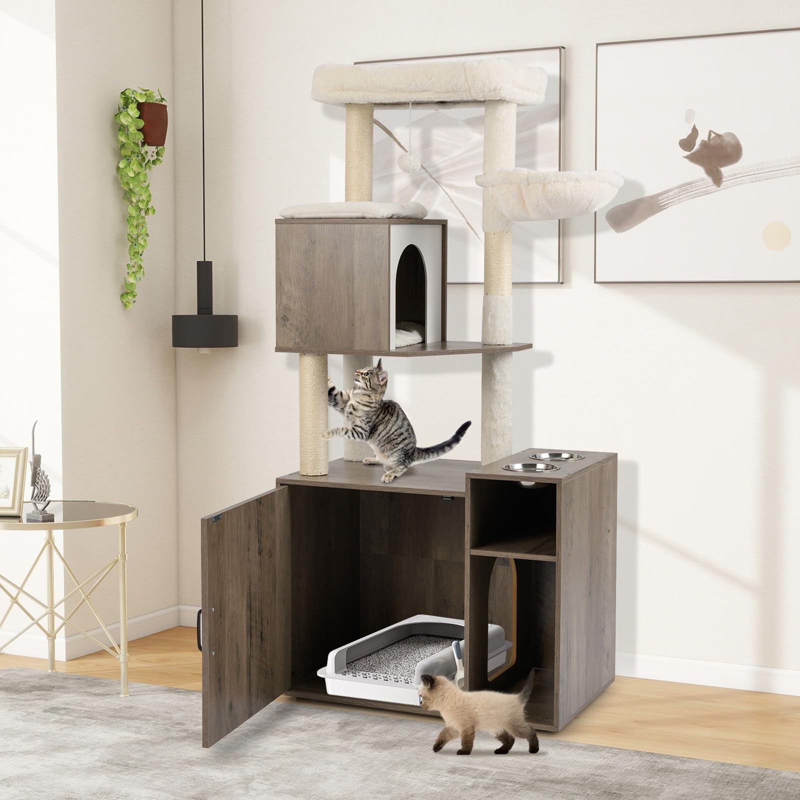 GOPLUS Mueble para Arena de Gatos, Árbol Rascador para Gatitos con Caseta, Hamaca, Casita Escondida, Palo de Sisal, 2 Comederos, Rascadores y Pelotas, Armario Moderno para Gatos de Interior (Gris)