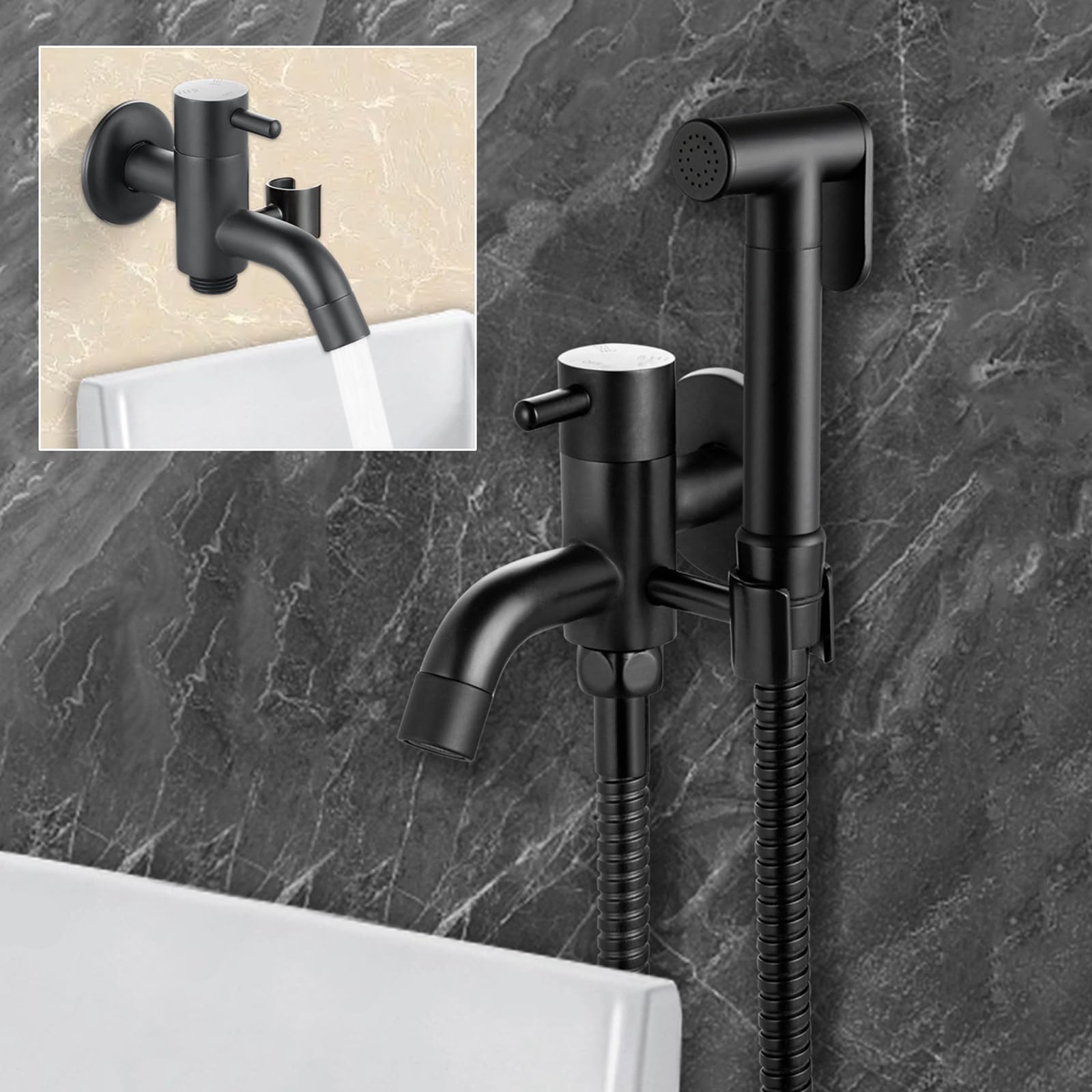 Higieniczne prysznice toaletowe kran bidet z wężem 1,2 m, mosiężny kran do zimnej wody na balkon, do łazienki, czarny