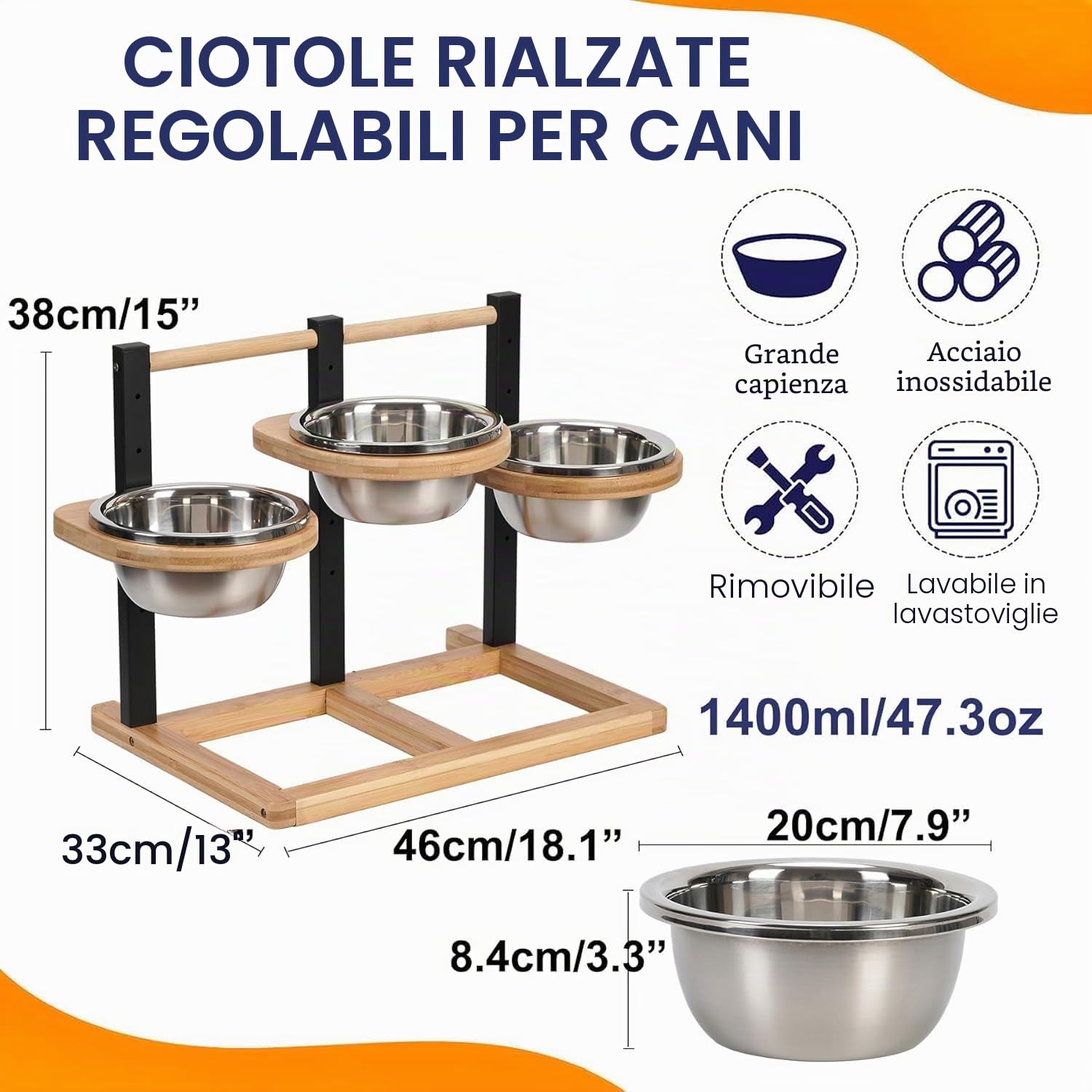 Ciotola per cani rialzata, 5 altezze regolabili con 3 ciotole in acciaio inox da 1400 ml e legno rialzato per cani di taglia grande