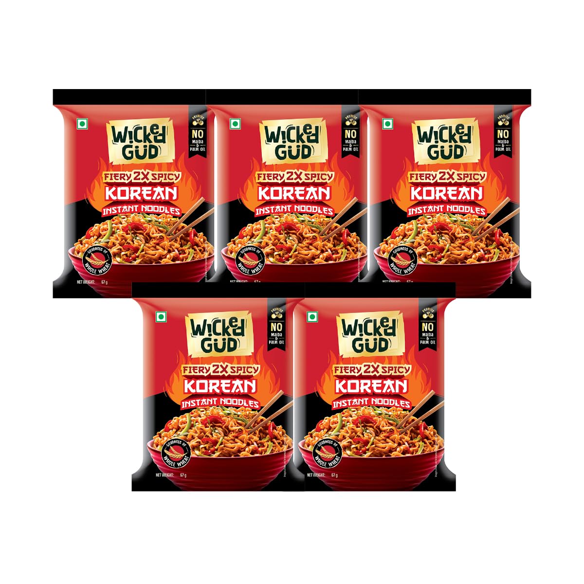 WickedGud Korean Instant Noodles Fiery 2X Spicy Pack of 5 | Whole Wheat | No Palm Oil | 67g