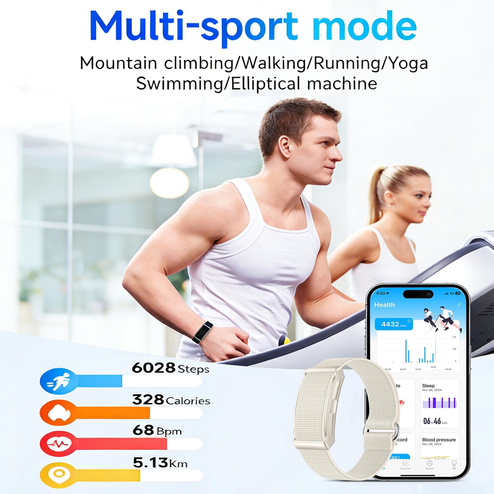 Pulsera inteligente de salud, monitor de ritmo cardíaco, monitor de sueño, contador de pasos, podómetro, multimodos deportivos, impermeable, correa de silicona y nailon