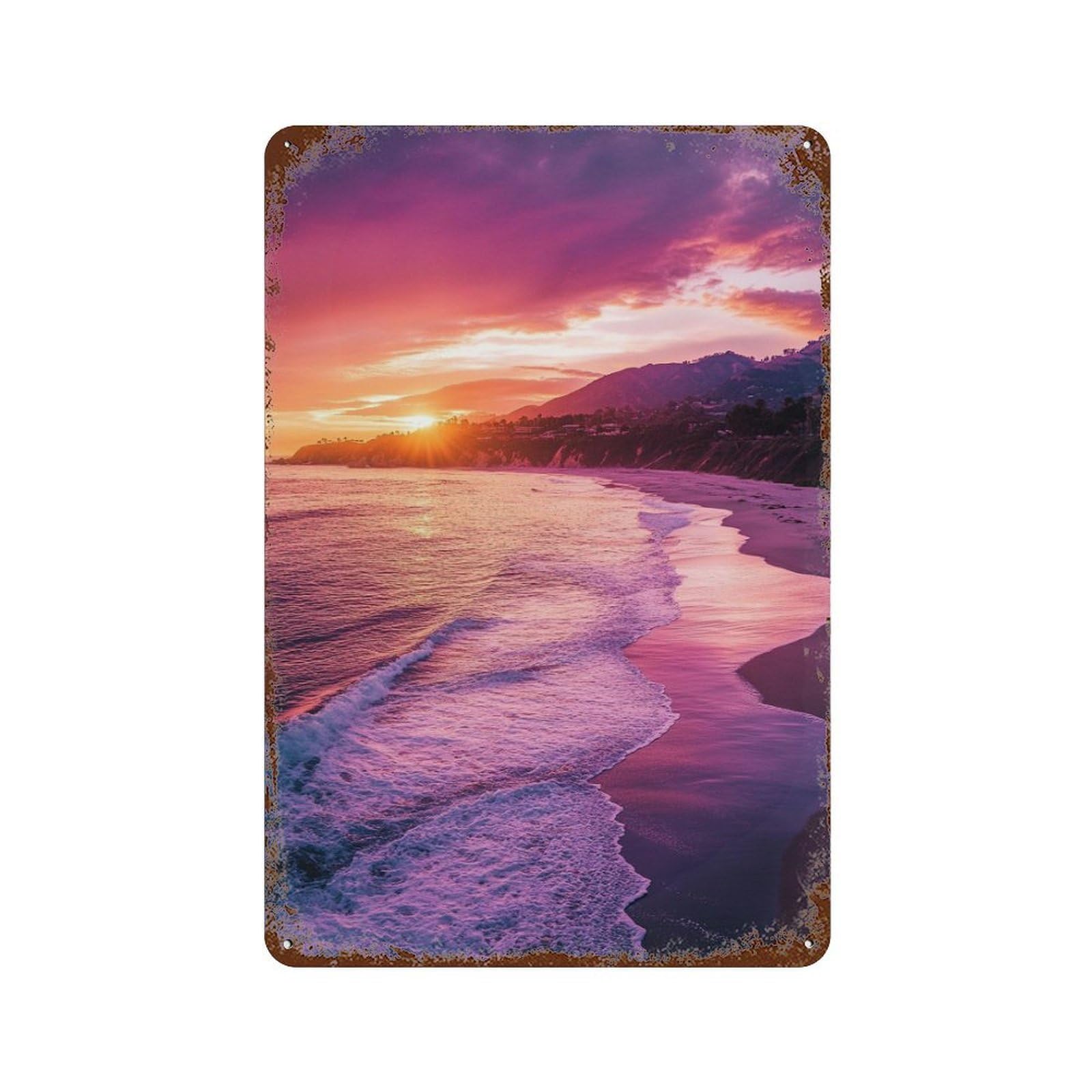 Beach Sunset Landscape Rustic Tin Plaque 11.8"x7.9", Classic Wall Plaque for Garage, Pub Or Kitchen