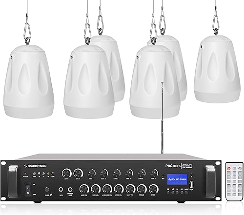 Sound Town Amplificador Bluetooth para restaurante comercial + juego de altavoces colgantes, con un amplificador de 6 zonas de 70 V100 V con