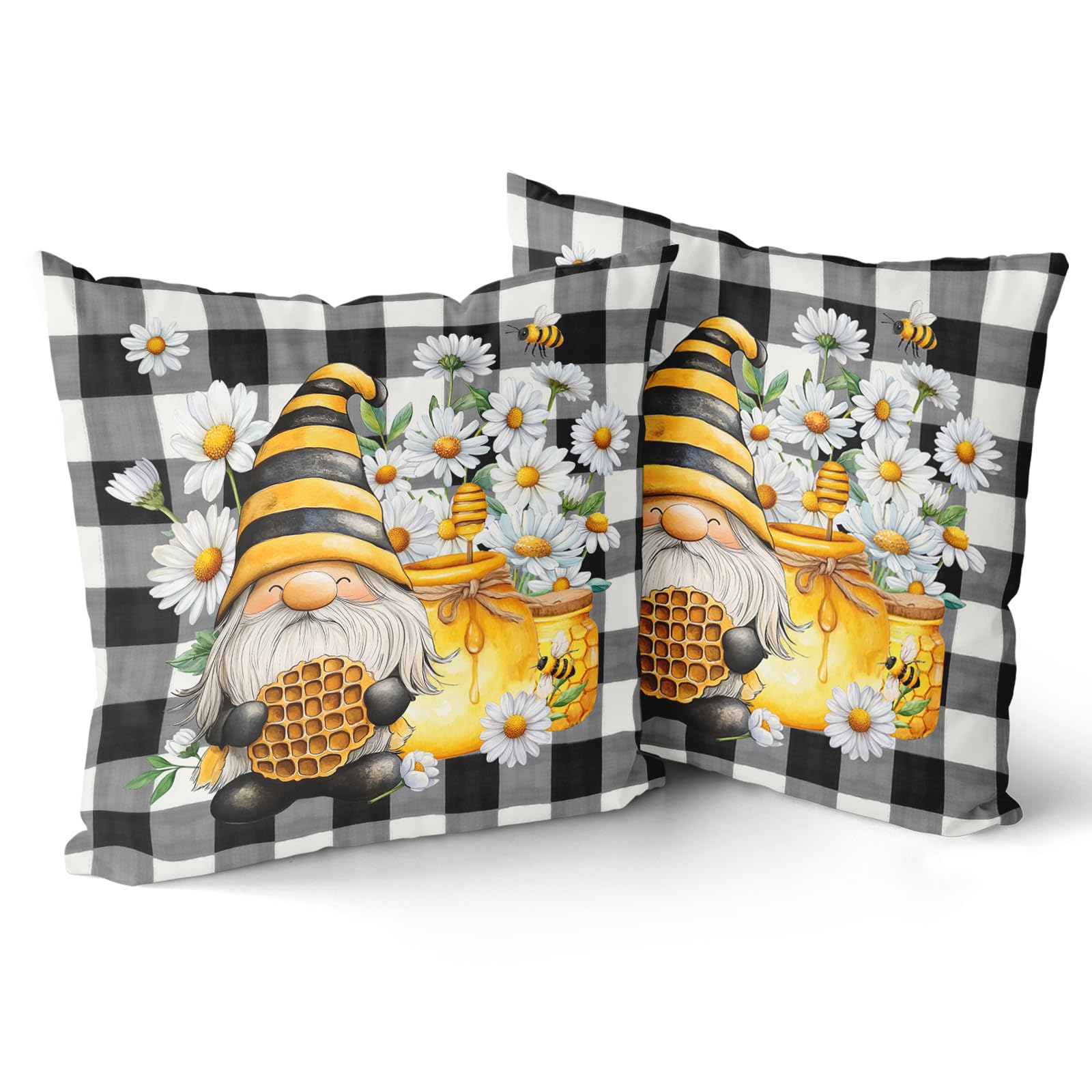 Giwawa 2PCs Bee Gnomes Pillow Covers 20"x20" Spring Daisy Summer Honey Elf Square Pillowcases Black White Buffalo Plaids Cotton Throw Cushion Covers