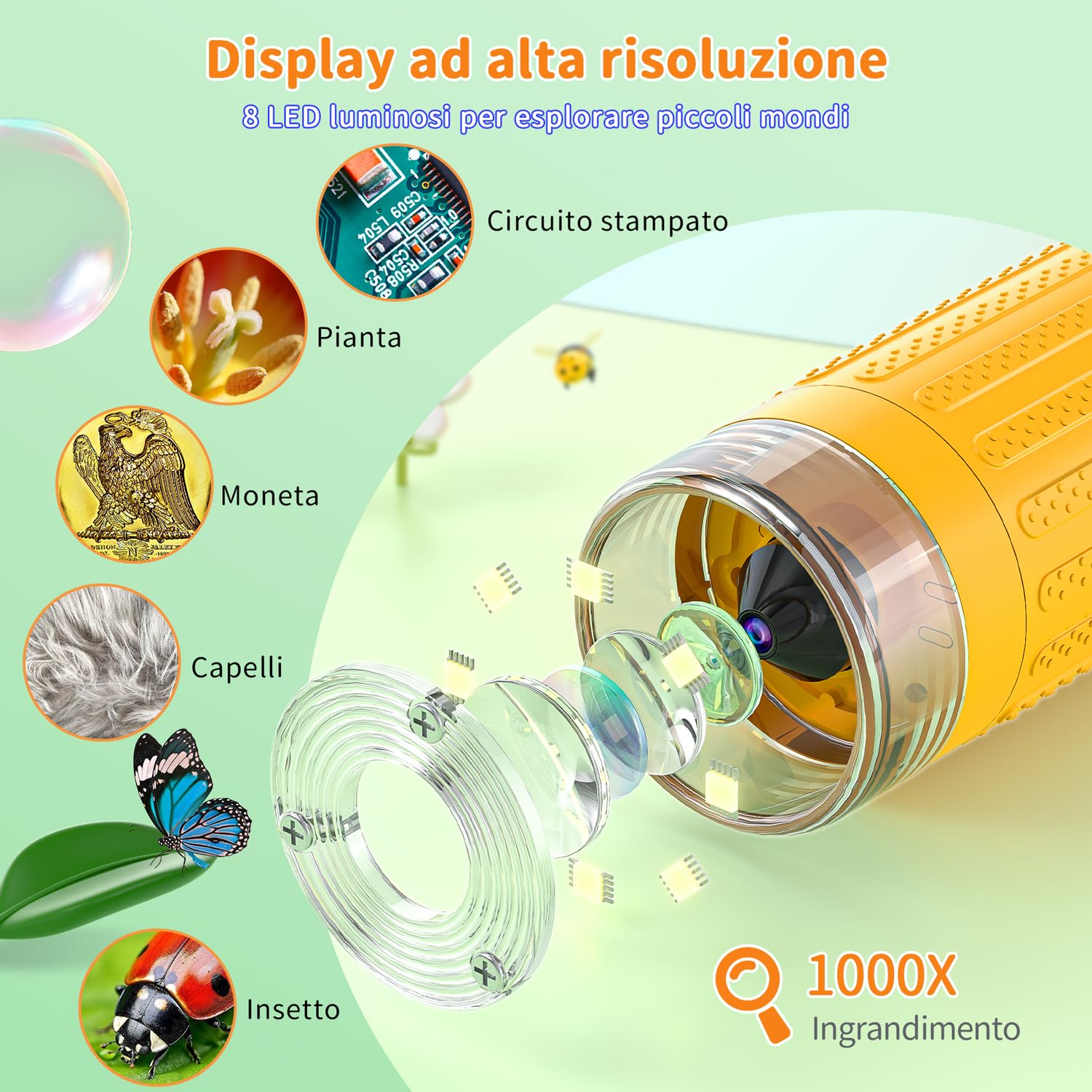 SKYBASIC Microscopio Digitale per Bambini, 1000x Zoom, Schermo 3,0 Pollici, Regalo per Bambini 6-12 Anni (Giallo)