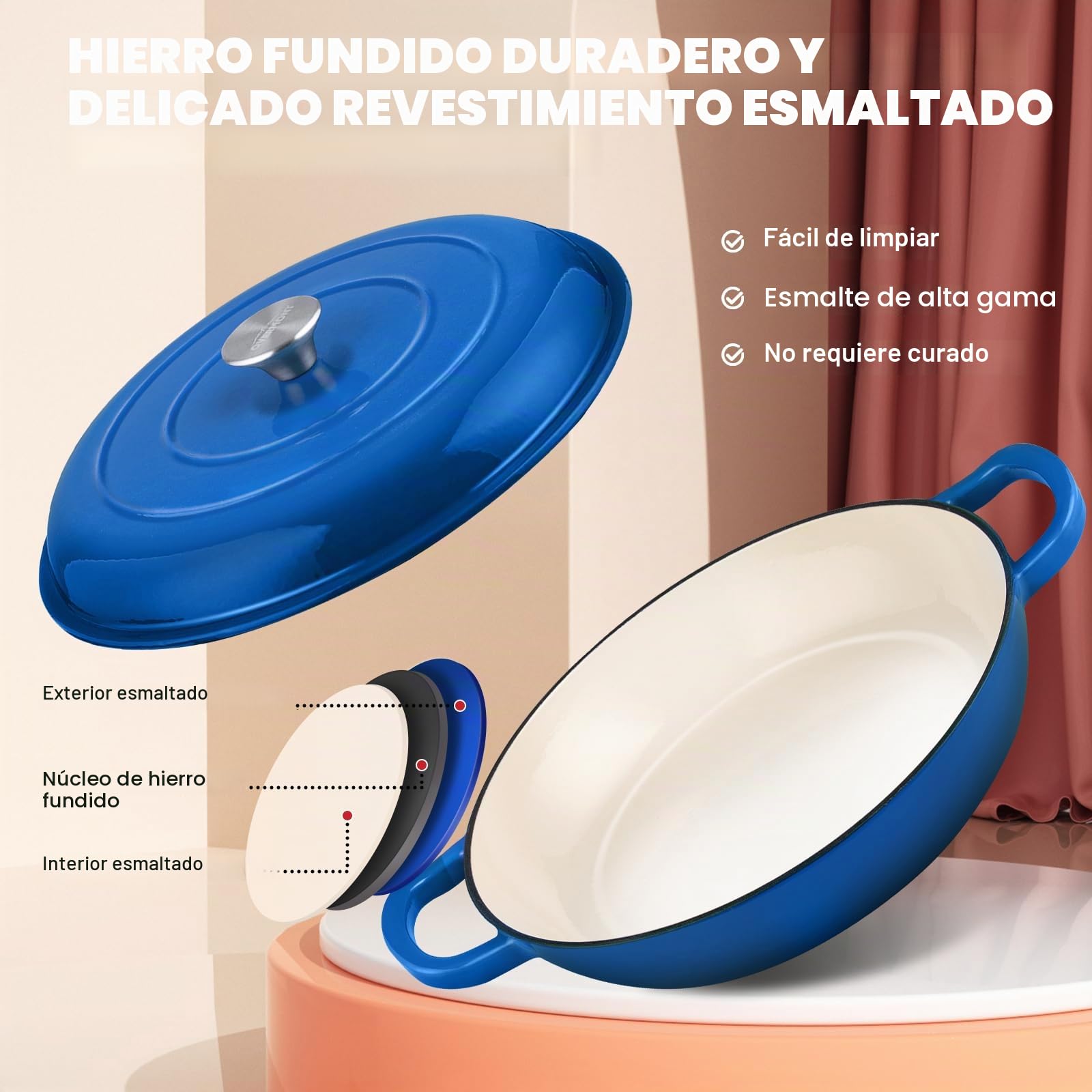 Overmont Cacerola Redonda de Hierro Fundido Esmaltado,con Tapa y Asas,Olla Antiadherente Poco Profunda,para Cocinar en Horno Plancha Cocina de Inducción,para Guisar, Paella,31cm,3.5L,Azul