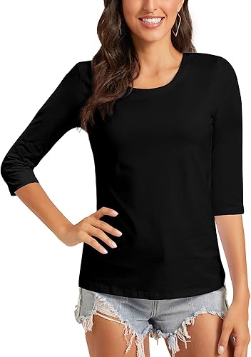 Camiseta básica de algodón liso liso con cuello redondo y manga 34 para mujer