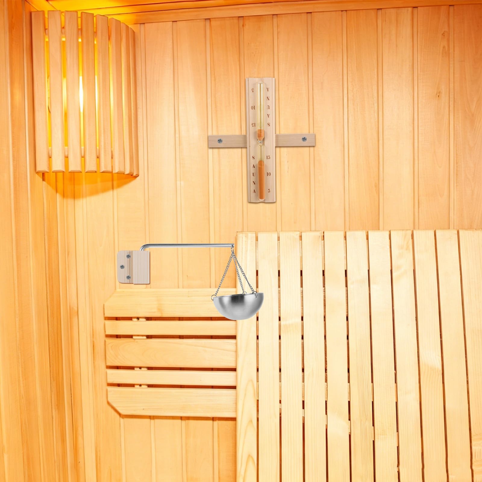KICHOUSE 1 zestaw klepsydry do sauny i wiszącej misy do aromaterapii - zegar klepsydrowy z drewna - uchwyt na kubek na olejek do sauny z ruchomym ramieniem - artykuły do ​​salonu kosmetycznego