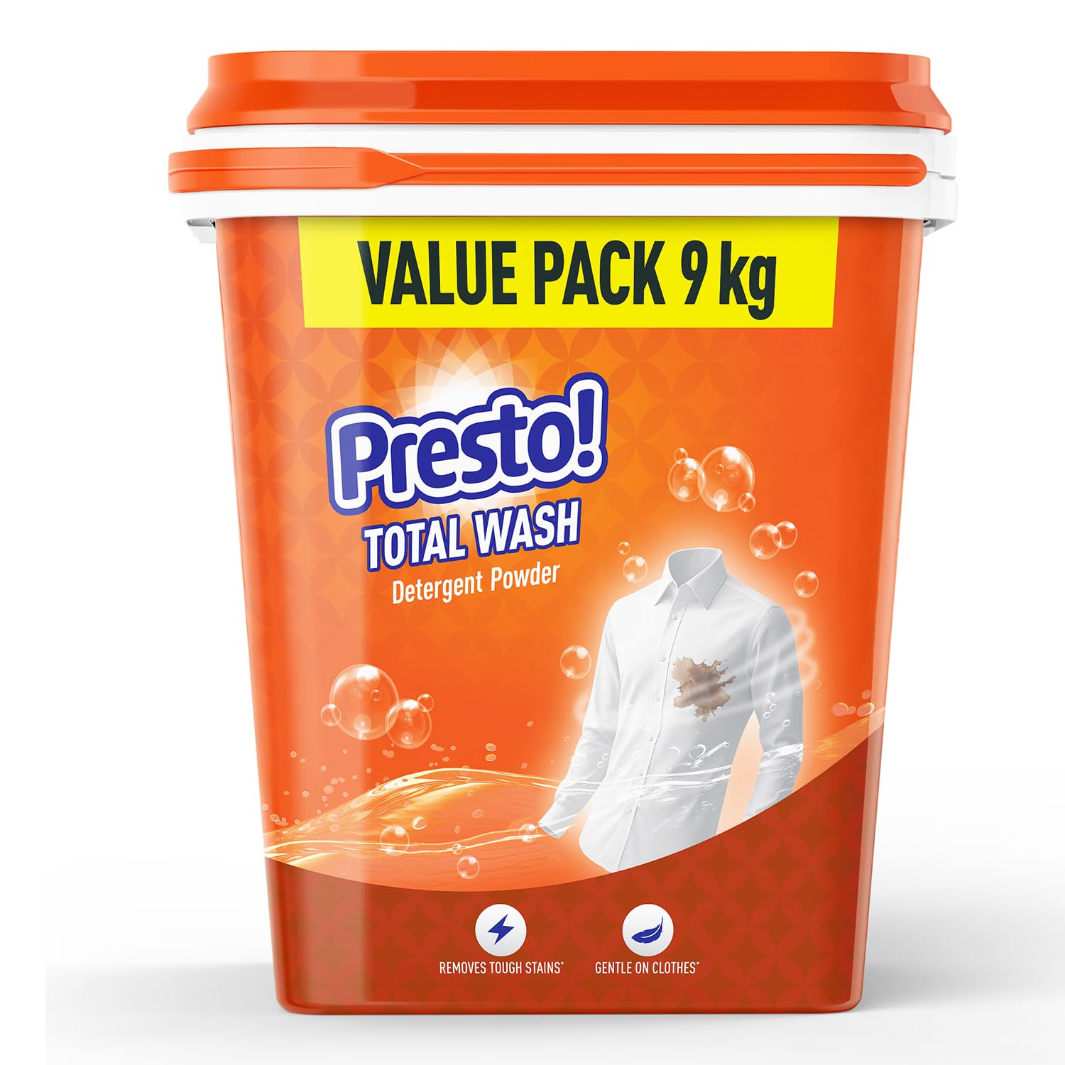 Amazon Brand - Presto! Total Wash Matic Detergent Powder | 9 Kg Tub (1 Kg x Pack of 9) | Removes Tough Stains | Gentle On Fabrics | Refreshing Fragrance | Liquid Detergent For Washing Machine & Hand Wash