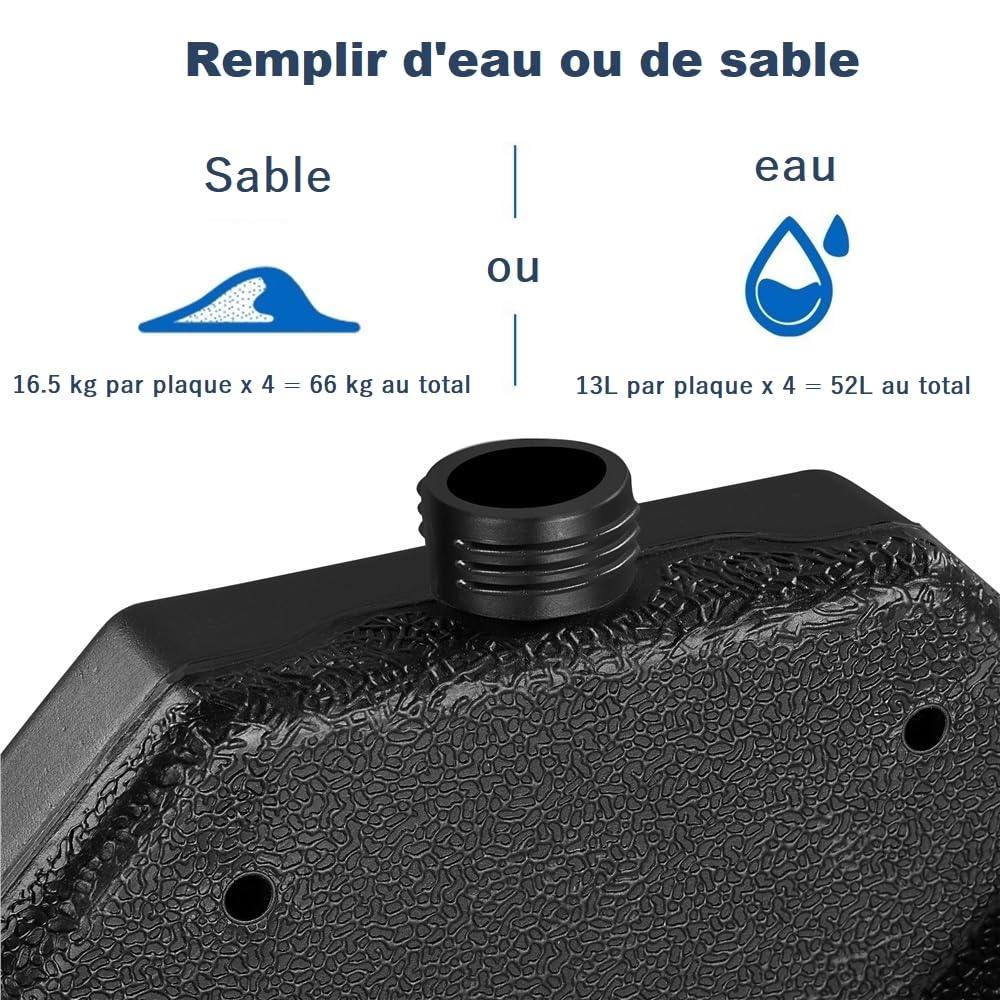 Yaheetech 4 Pièces Pieds de Parasol Noir Lestage pour Parasols 48,5 × 48,5 × 7,5 cm Rempli d’Eau 52L ou de Sable 66kg pour Terrasse Piscine Patio Jardin Restaurant
