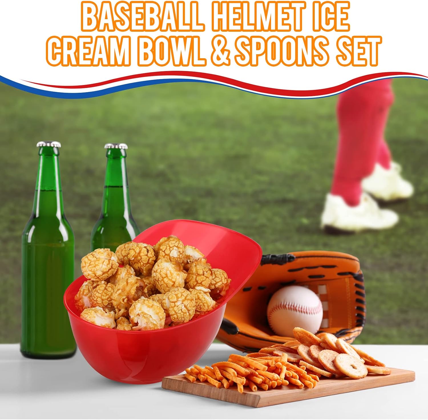 Irenare 50 Sets Mini Baseball Helmet Ice Cream Snack Bowls 8 oz with Disposable Taster Spoons Set Small Plastic Ice Cream Cups Dessert for baseball Party Gift (Red)
