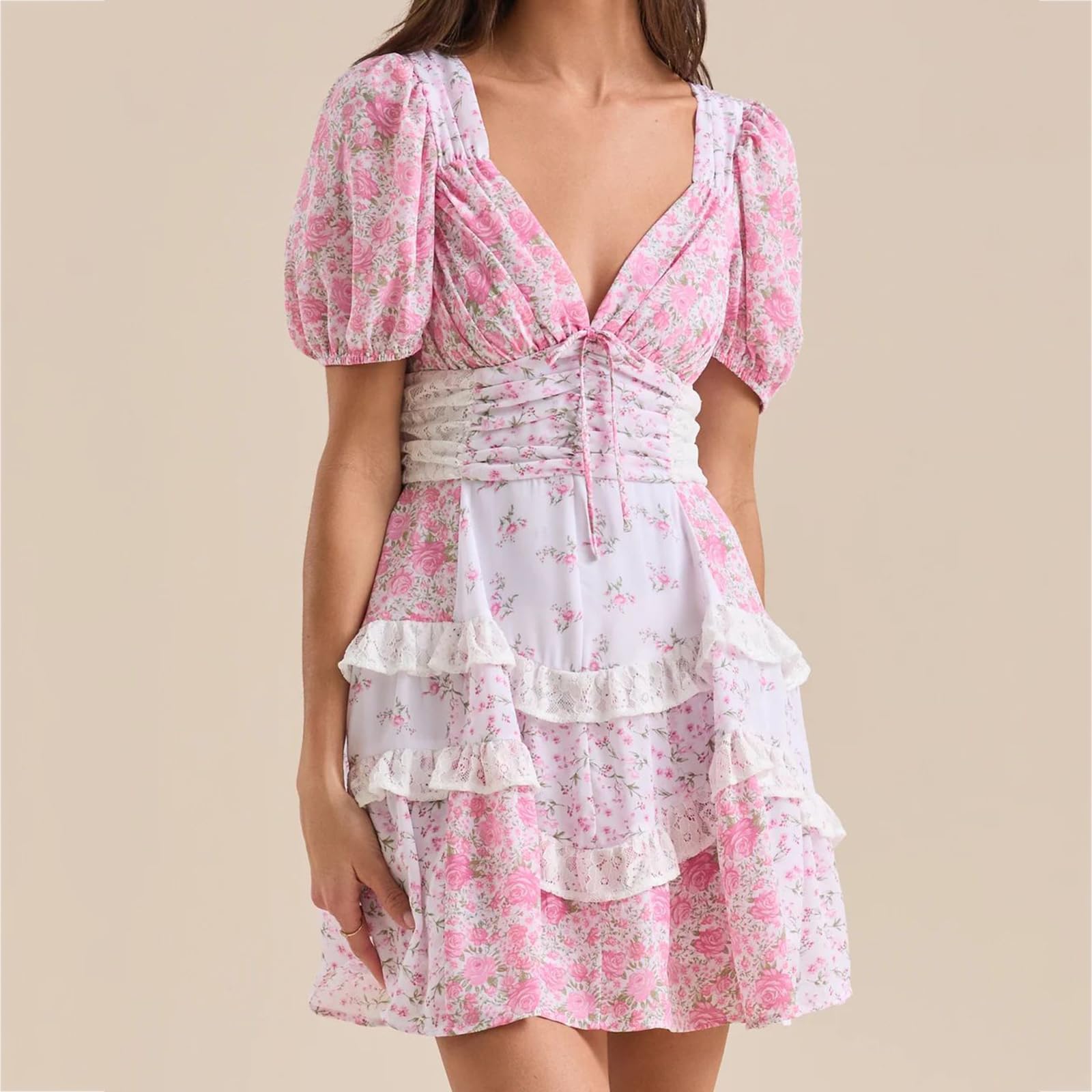 Genérico Vestido Mini Floral para Mujer, Vestido Corto Boho Floral con Fruncidos, Vestido Veraniego Informal y Fluido