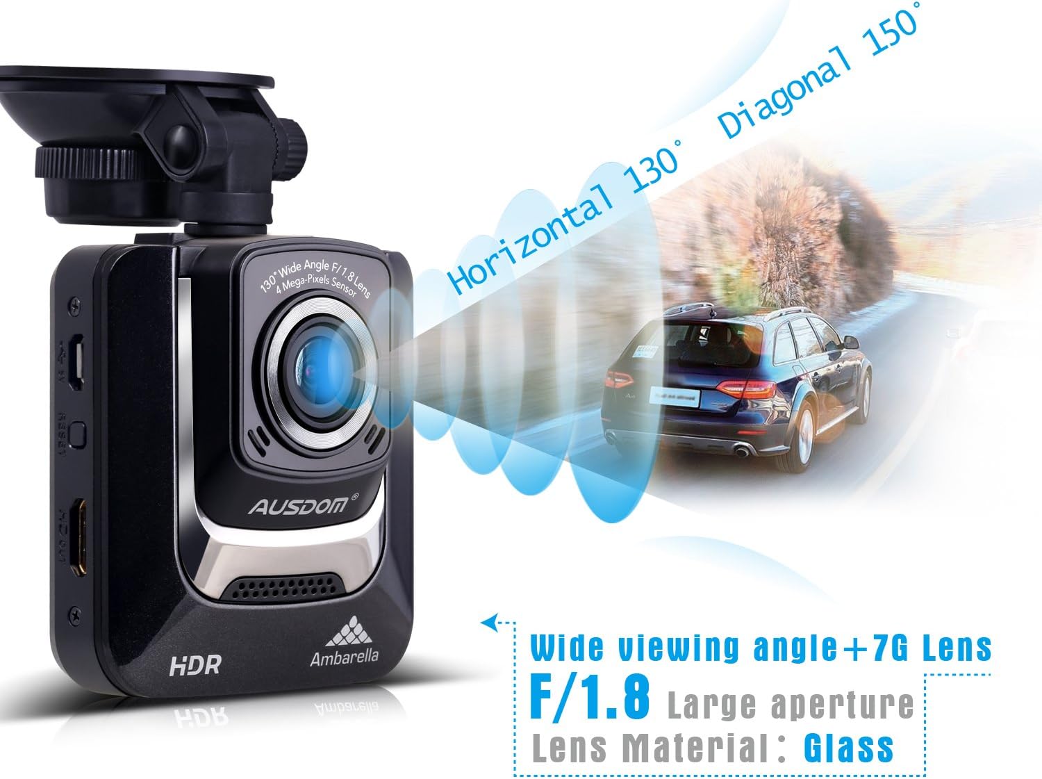Ausdom Dash Cam, Dashboard Camera Recorder with Full HD 1296P, 2.4" LCD, Wide Angle,Night Vision , G-Sensor, WDR, Loop Recording