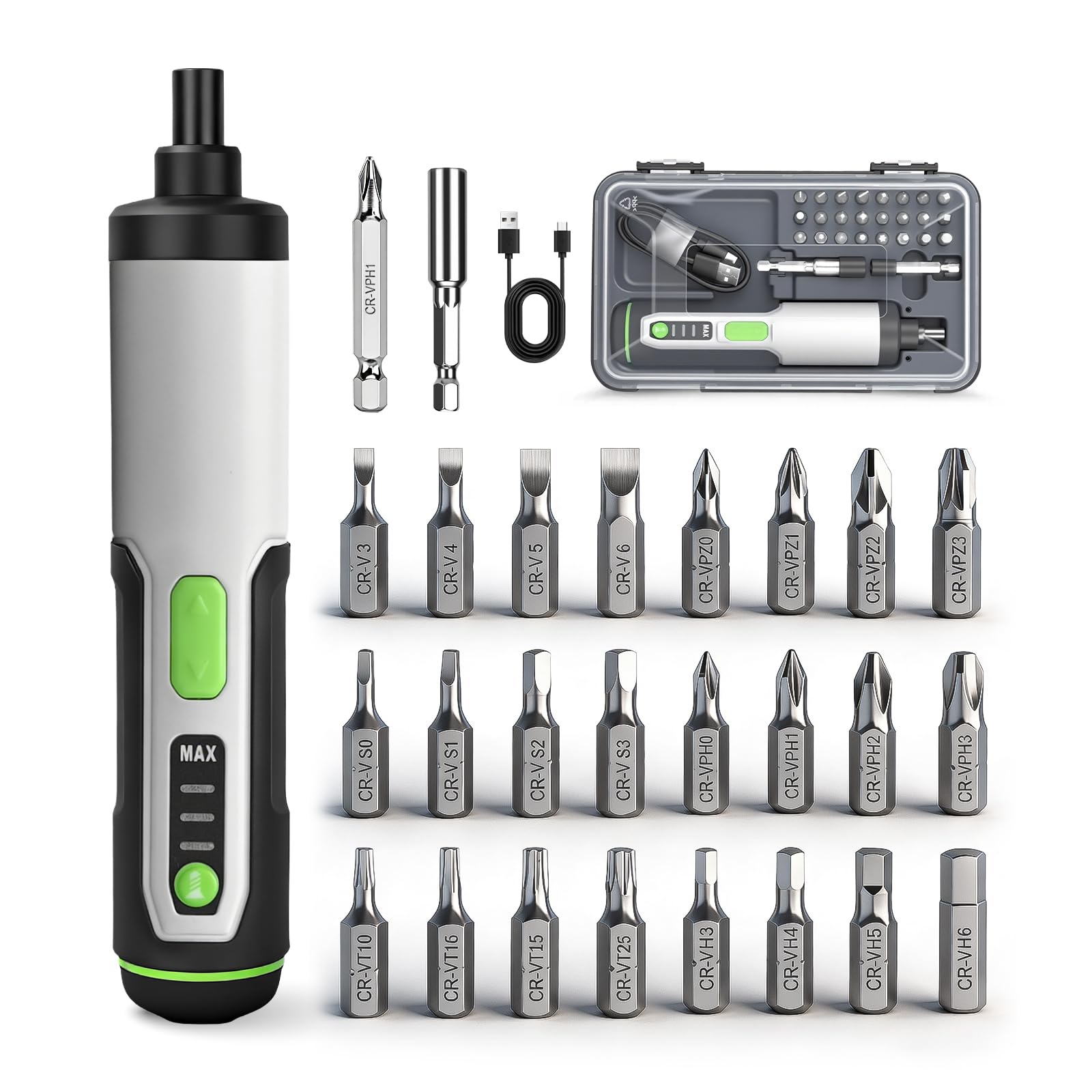 Electric Screwdriver Cordless Power Screwdrivers Set Tool Kit 25 Bits 3 Torque Settings LED Work Light Rechargeable for