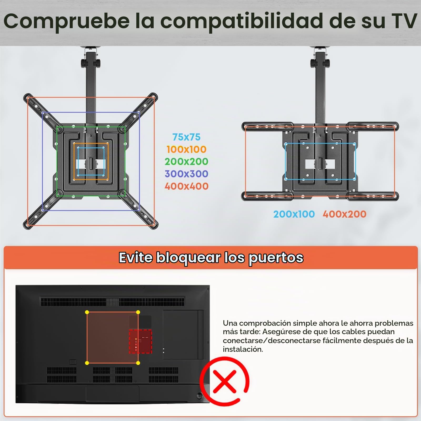 PUTORSEN Plegable Soporte TV Techo, Soporte Giratorio para TV para Pantalla de 23 a 55 Pulgadas, Soporte para TV para Techo Plano y Techo Inclinado, Soporte Techo TV hasta 20kg con MAX VESA 400x400mm