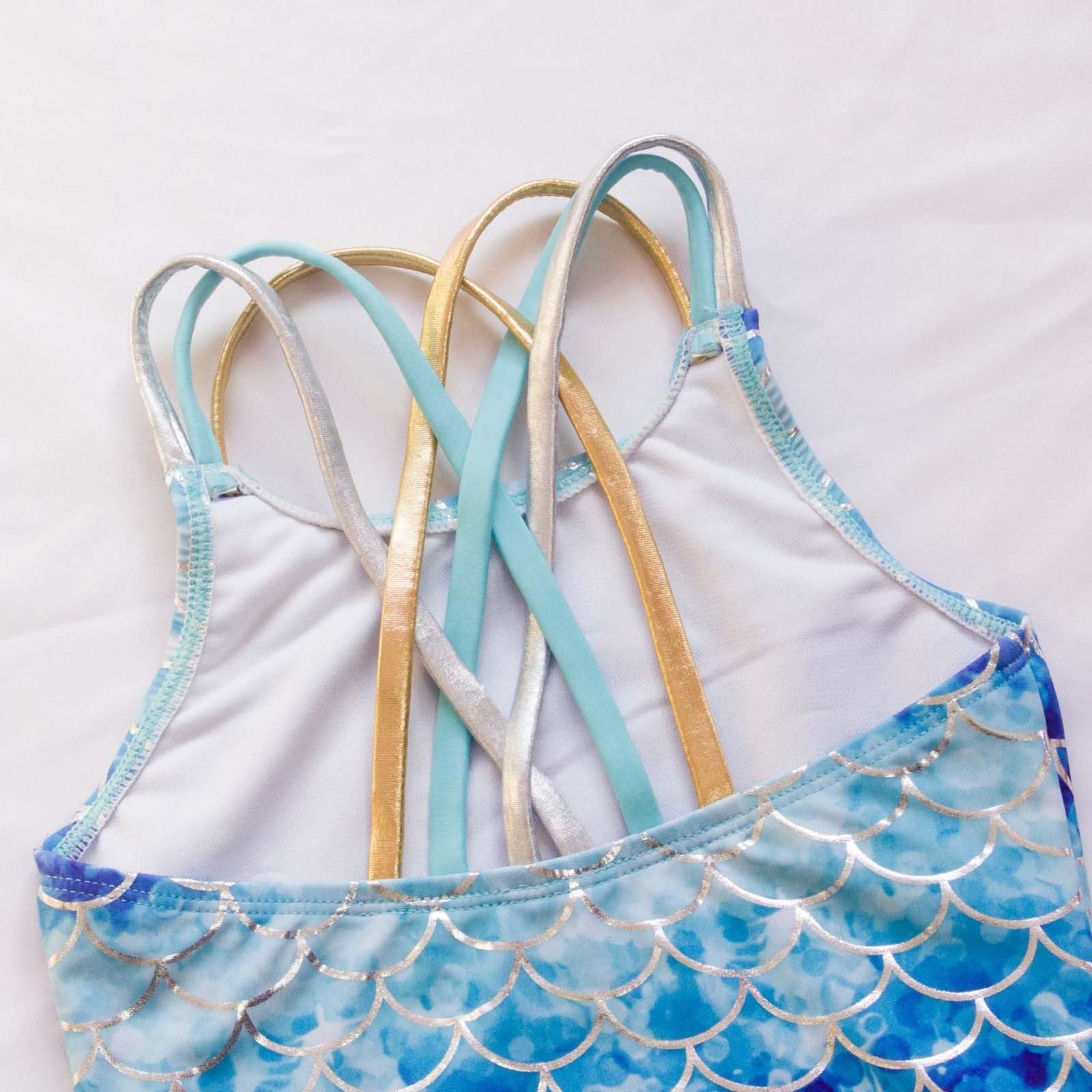 Traje de baño de verano Madchen nuevo traje de baño azul de una pieza para niñas con diseño de escamas de peces de lámina dorada, traje de baño para niños.