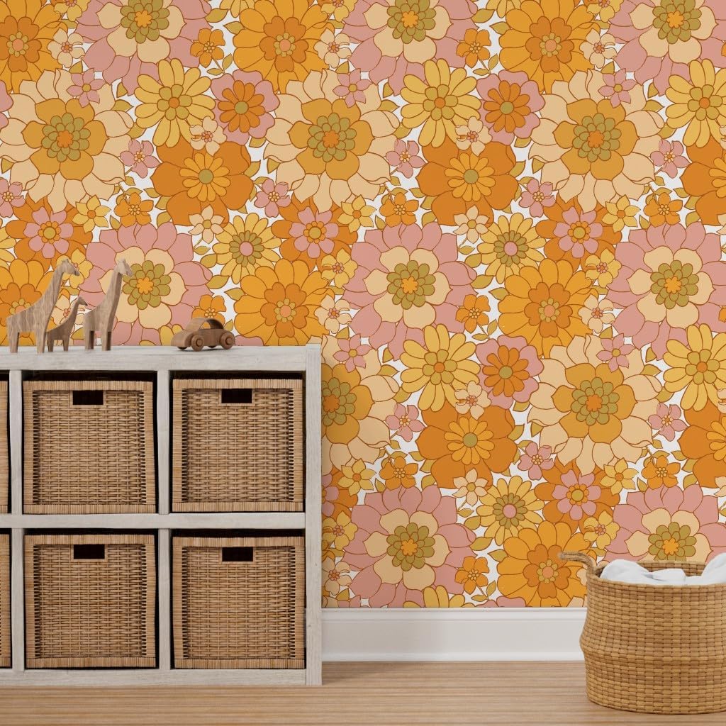 Spoonflower Peel & Stick Wallpaper 6ft x 2ft - Retro Floral White Vintage 70s Flower Power Custom Removable Wallpaper