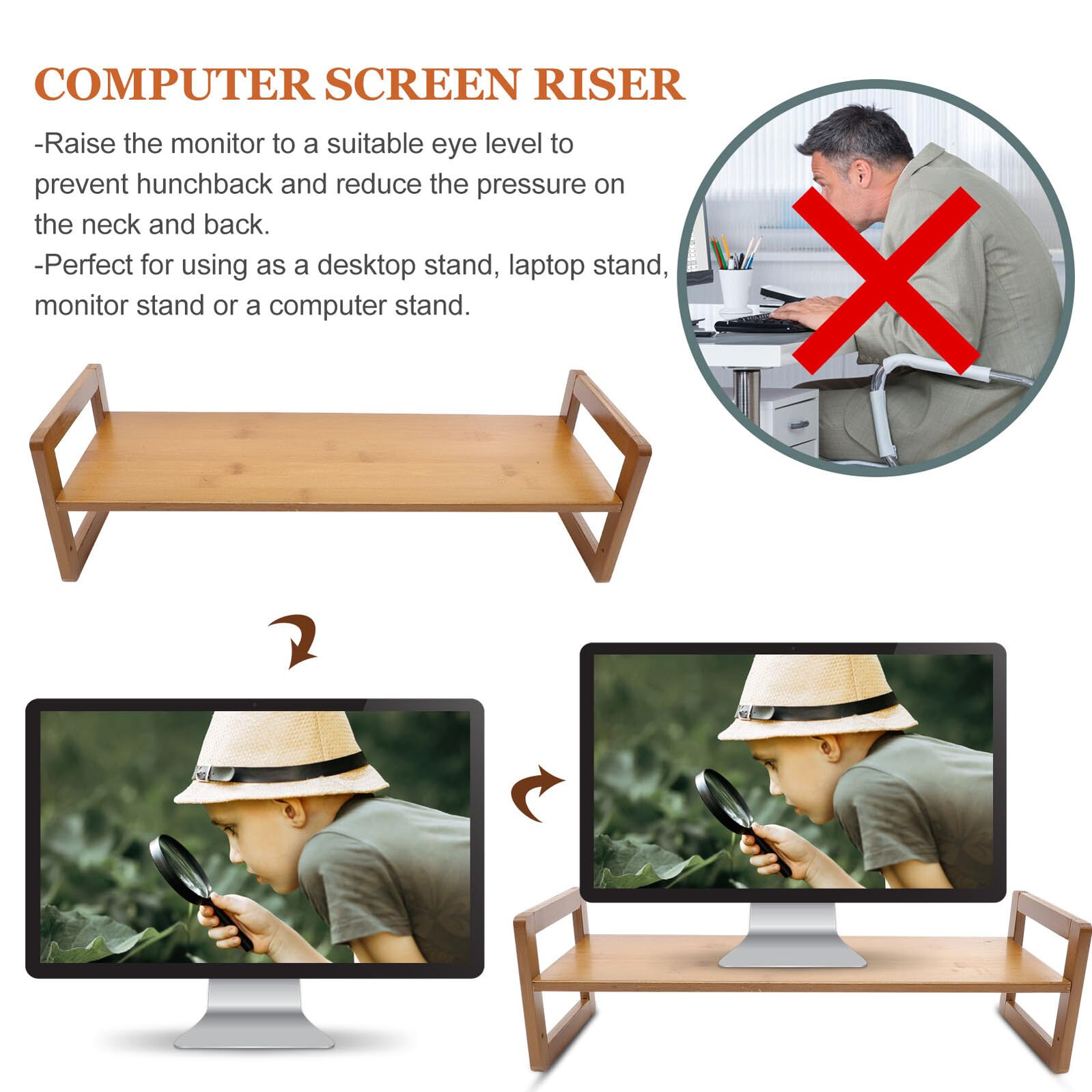 Supporto per Monitor da Scrivania in Legno Color caffè, Alzatina per Computer Portatile Ergonomica per Uffici e Case, Riduce Pressione su Collo e Schiena