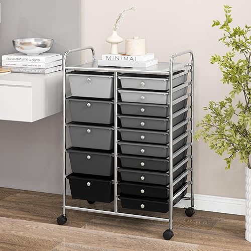 Miniatura 2 de COSTWAY Carrito de almacenamiento de 15 cajones, carrito multiusos con ruedas con ruedas bloqueables y cajones extraíbles, organizador de papel para