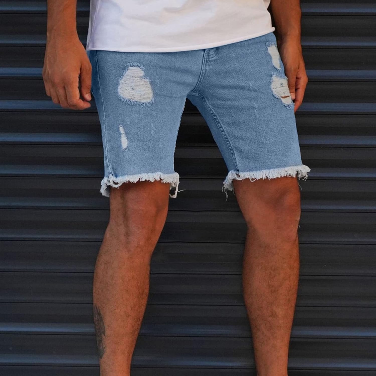 Men's Drawstring Elastic Waist Ripped Denim Shorts Raw Hem Frayed Jean Shorts Classic Fit Distressed Shorts Jeans