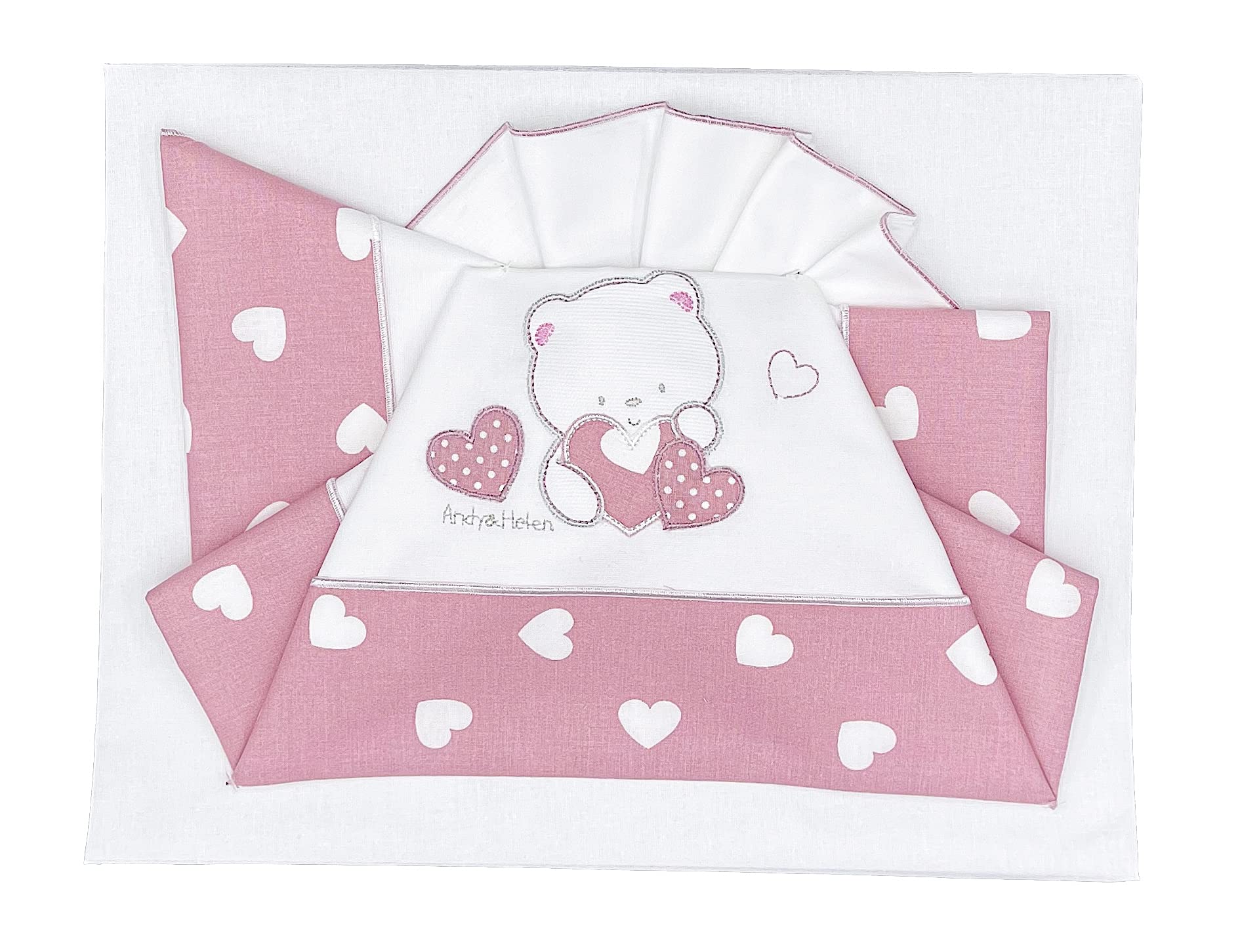 Parure de lit bébé brodée Ourson - 3 pièces en coton rose