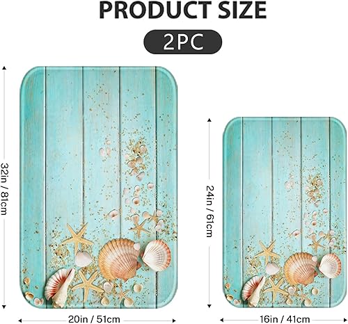 Miniatura 3 de Britimes Juego de 2 tapetes de baño con diseño de concha de playa, diseño de madera azul bohemio, cubierta lavable, tapetes para decoración de baño,