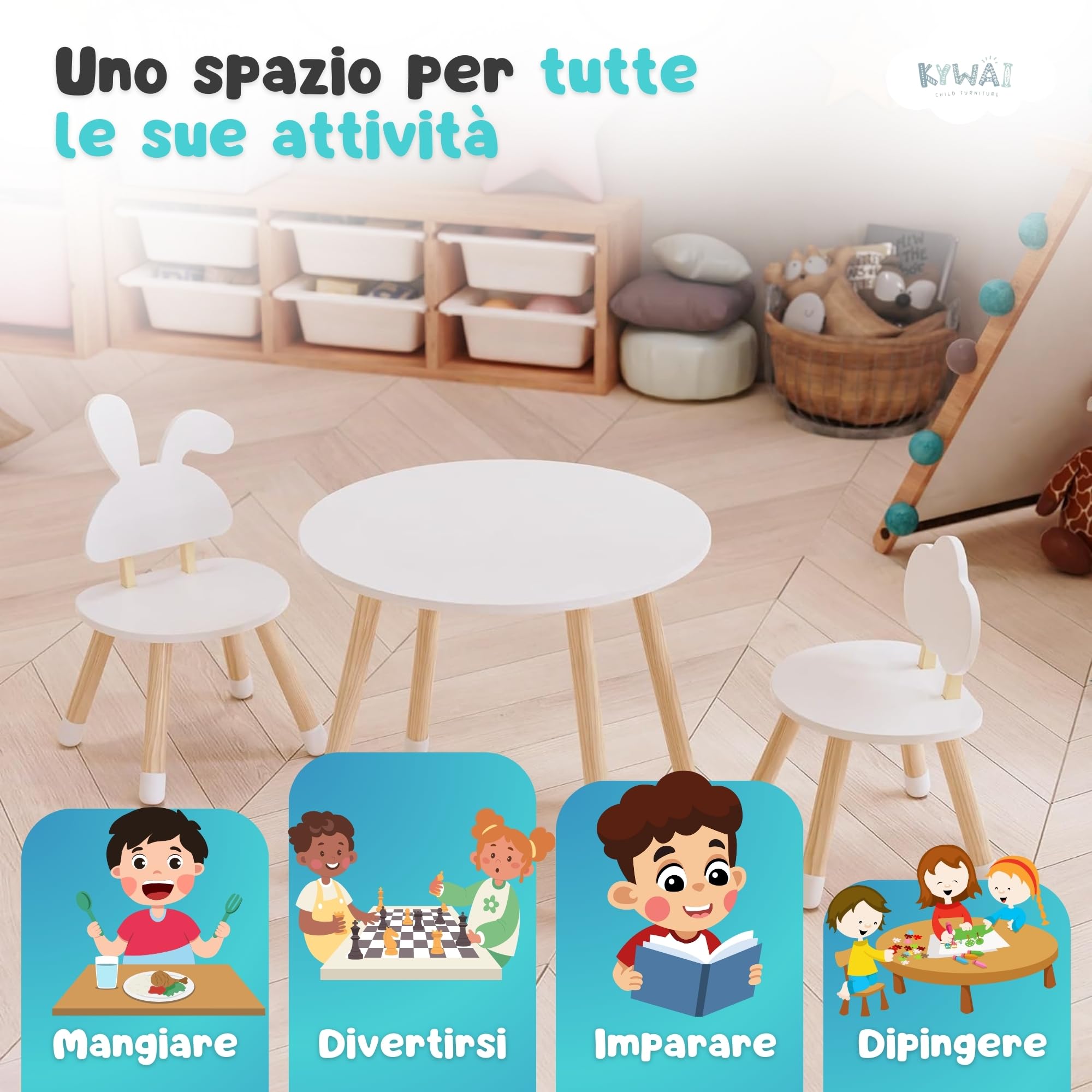 Tavolino Bambini con 2 Sedie in Legno di Pino - Tavolo e Sedie per Bambini