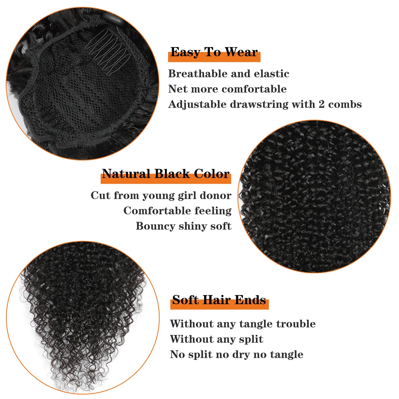 Yacurcur Kinky Curly Ponytail 10A Brazilian Virgin Human Hair for Women 4C Curly Ponytail Extension Drawstring Ponytail Natural Black 20 Inch - Image 4