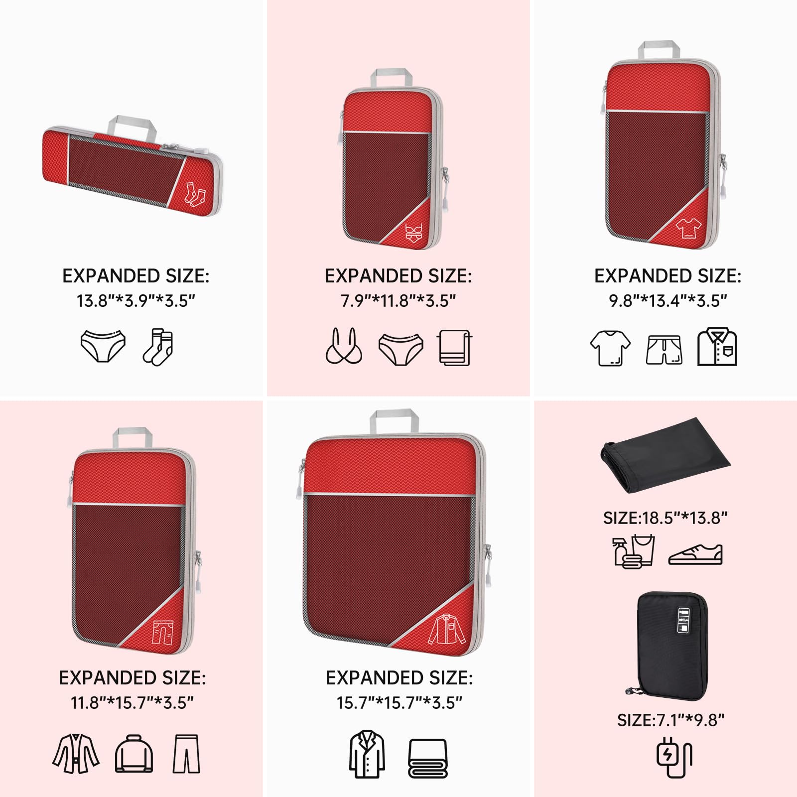 NiHome Set di 7 cubi a compressione espandibile, in rete, organizer per bagagli con cavo elettronico, caricabatterie, organizer con coulisse (rosso)