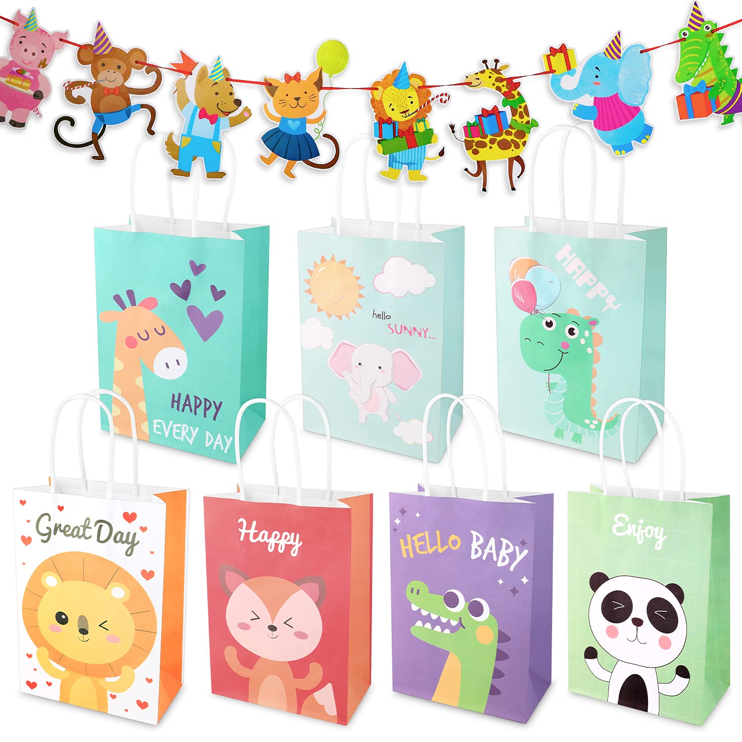 Party Bags NEWKITS 21 Pieces Animal Party Gift Bags with Handles and 1 Set Theme Banner Goodie Bags for Kids Birthday, Halloween and Christmas Boys and Girls Gift Party Favor Candy Bags
