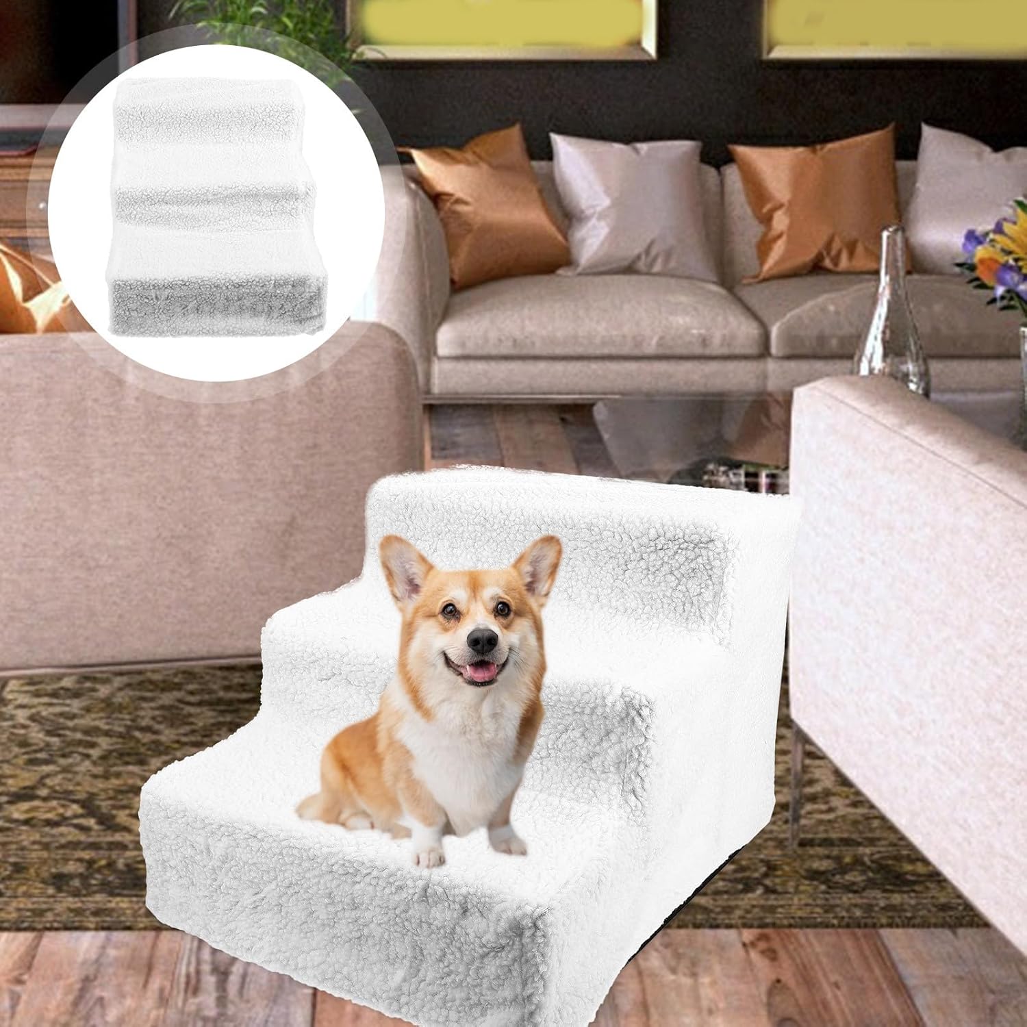 Cabilock Pet Steps and Dog Ladder Non-Slip Safety Stairs with Removable Cover White Modular Design Indoor Puppy Bed Stairs for Small Dogs and Cats