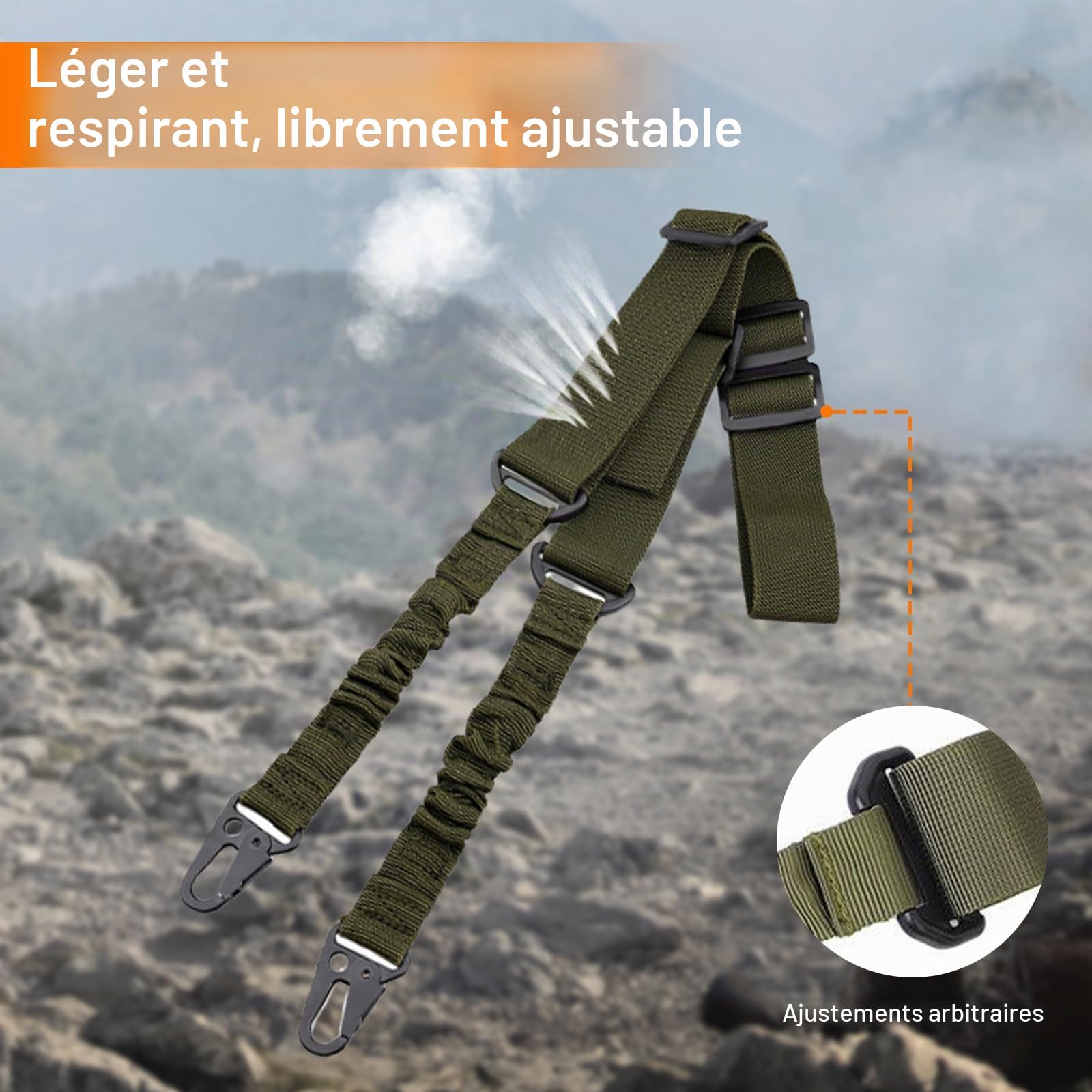 Sangle Airsoft avec 2 Crochets Métalliques, 2 Points Sangle Airsoft Réglable, Sangle de Fusil Nylon pour la Chasse Sportive en Plein Air (Vert)