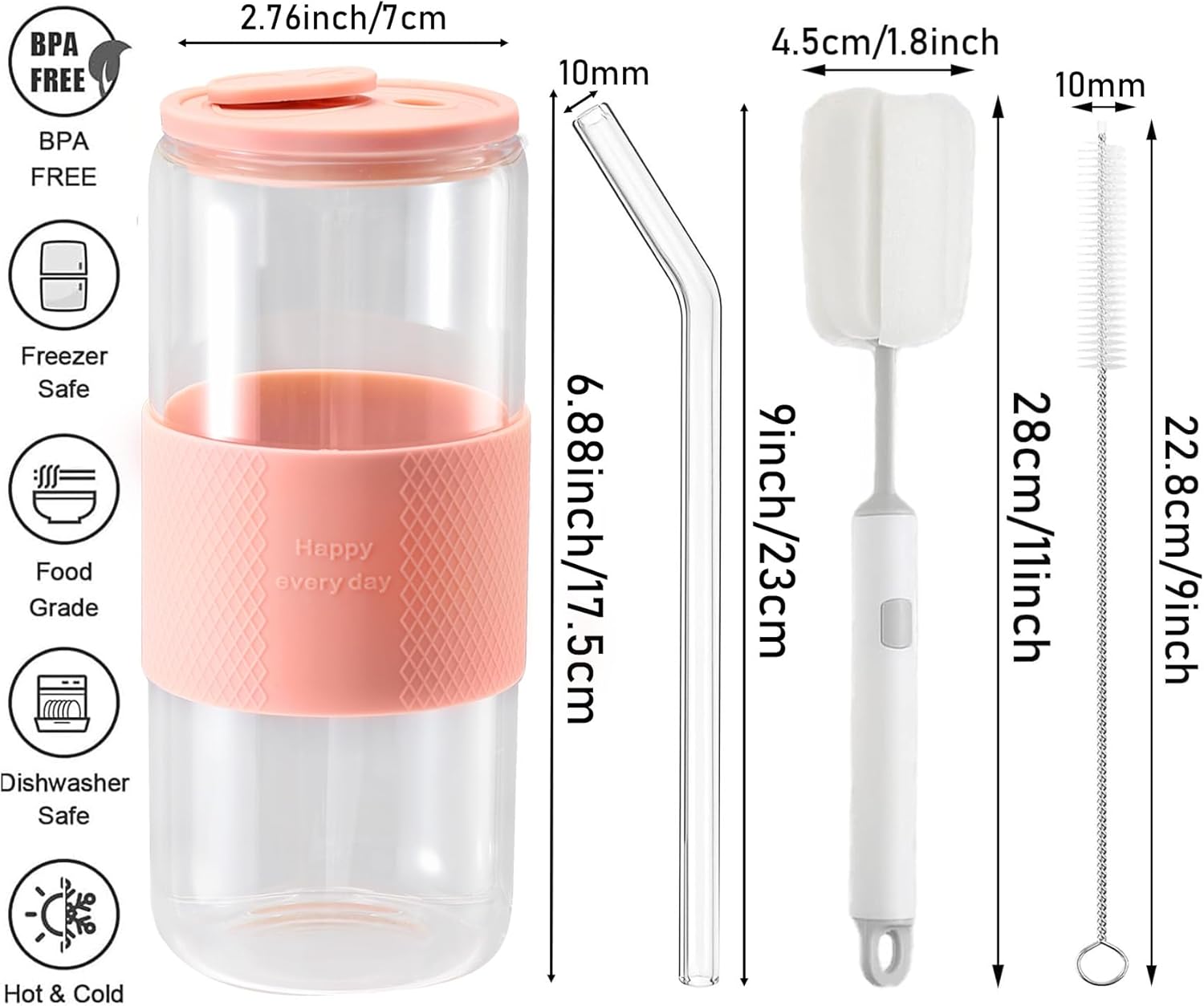 20oz Can Shaped Glass Cups with Silicone Lids and Glass Straw, 2PCS Drinking Glasses with Lids and Straws, and Silicone Sleeves, Beer Glasses, Iced Coffee Cups, Soda, Gift - Pink - Image 2