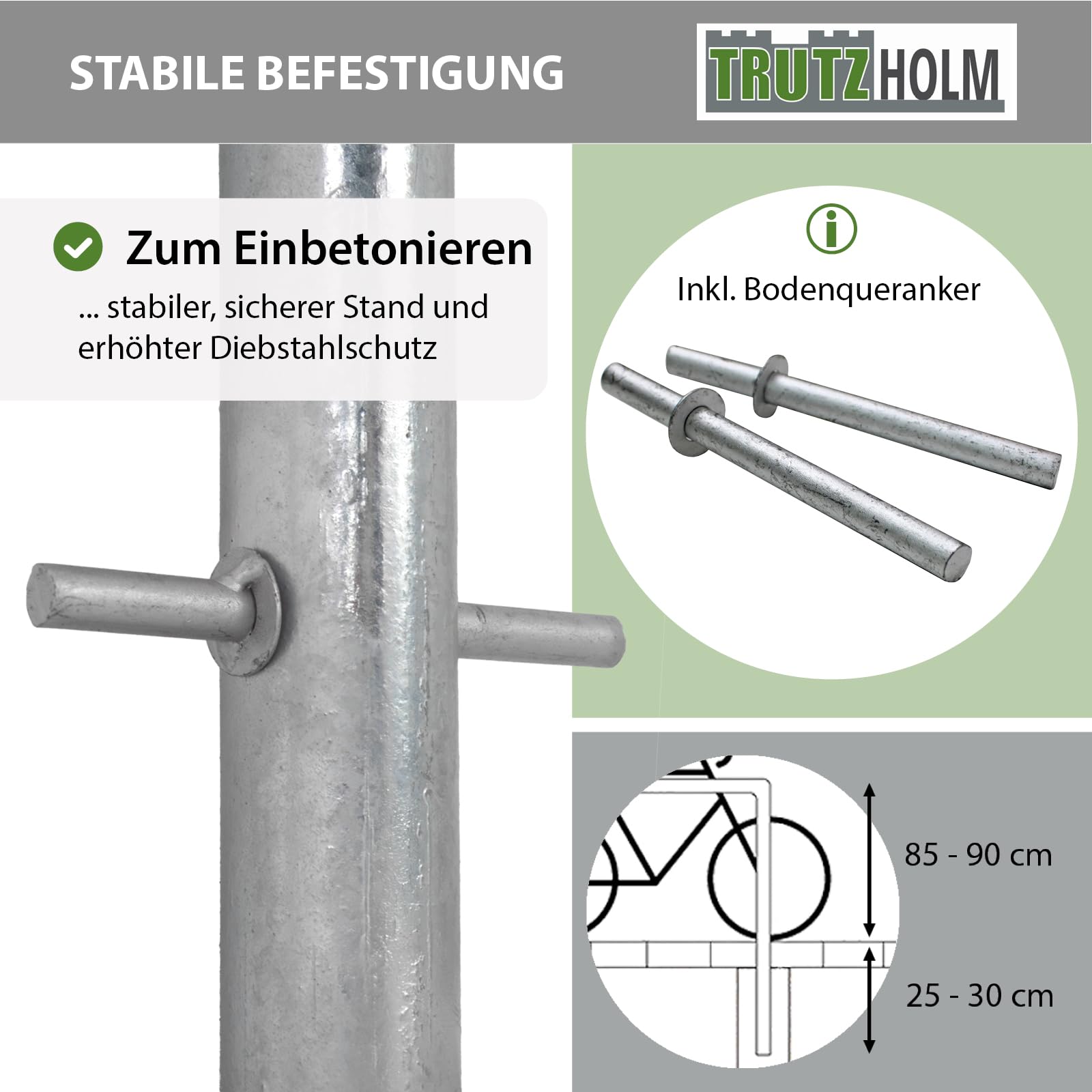 TRUTZHOLM Fahrradanlehnbügel 115x58 cm Stahl feuerverzinkt und rostfrei Ø 48 mm zum Einbetonieren Fahrradparker Parker Anlehnbügel doppelseitige Nutzung für 2 Fahrräder