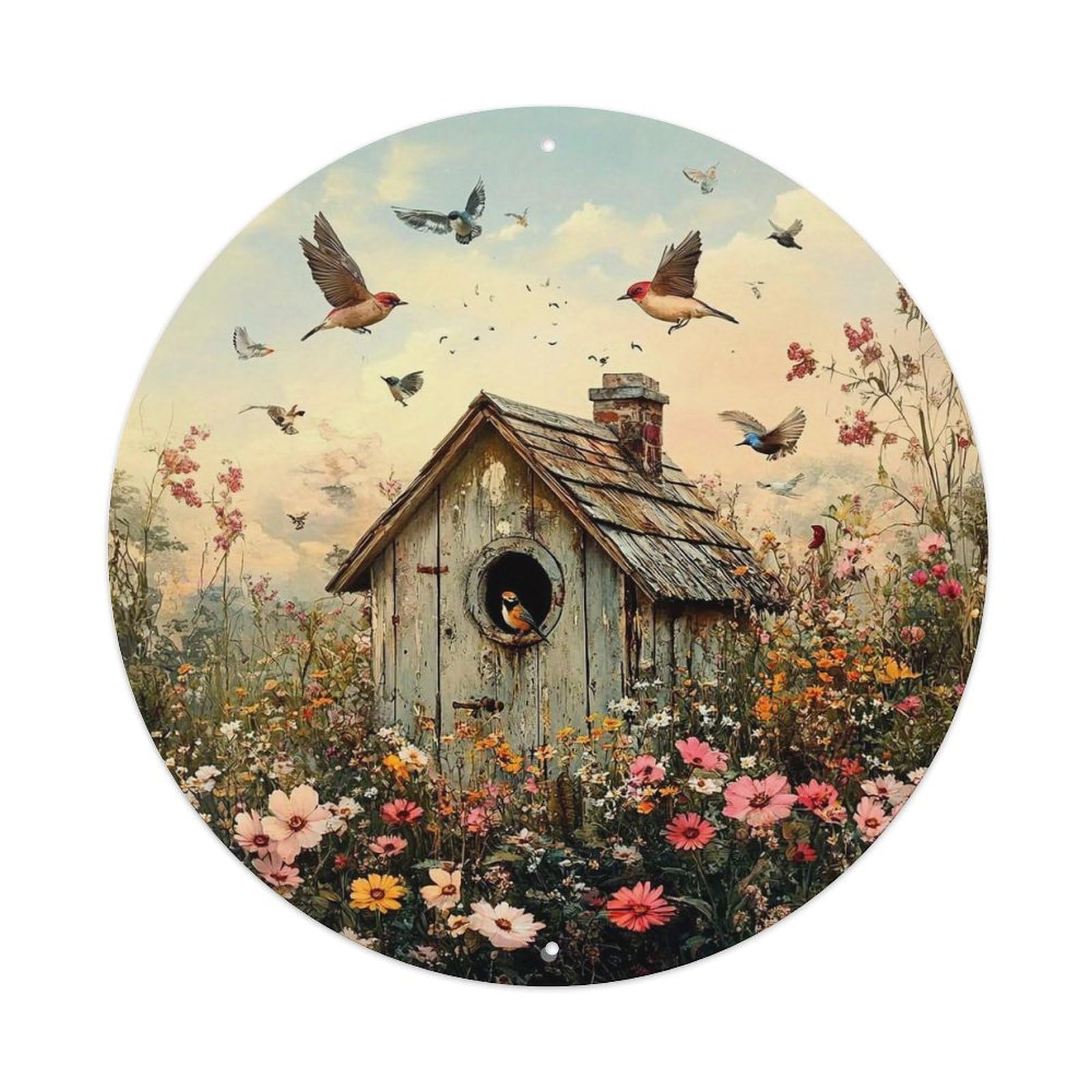 Birdhouse Garden Floral Sky Birds Metal Tin Sign Plaque