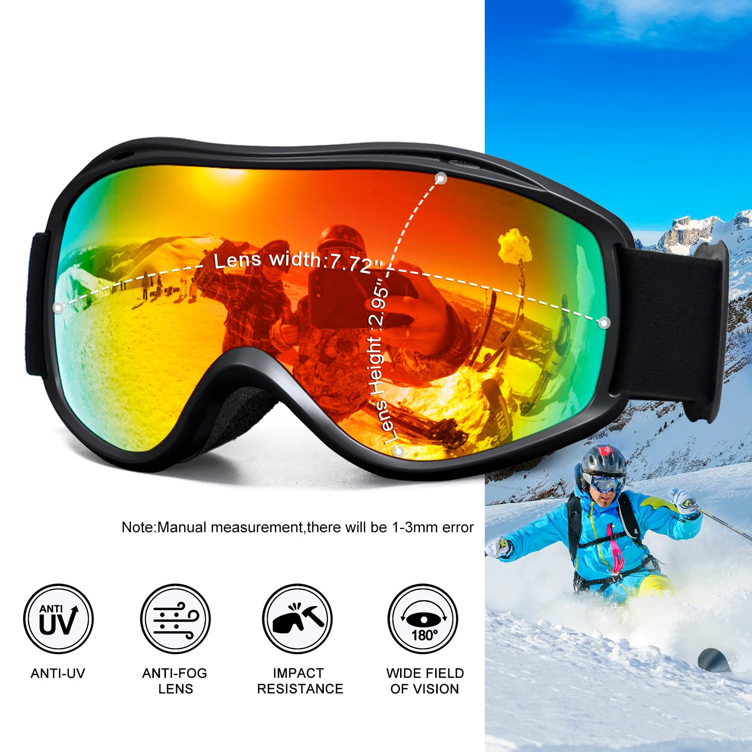 AVV Gogle narciarskie ochrona przed promieniowaniem UV, przeciwmgielne gogle snowboardowe OTG dla mężczyzn kobiet dorosłych i młodzieży