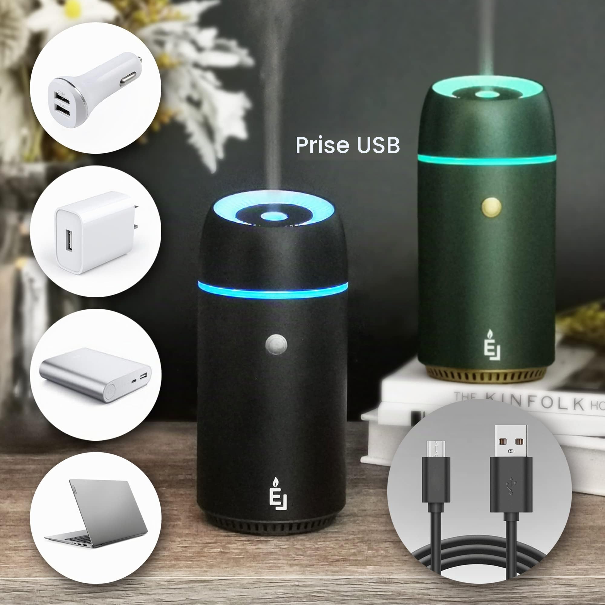 Earnest Living Diffuseurs de Parfum D'huiles Essentielles pour Voiture Diffuseur D'aromathérapie De Voiture avec Minuterie Veilleuse et Fonction D'arrêt Automatique USB Portable 100ml Noir Cadeau
