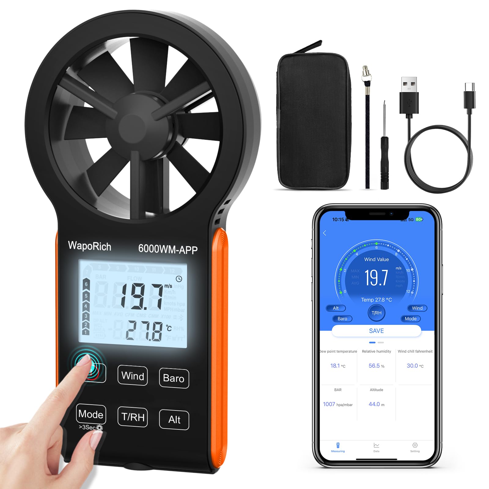 at The Bottom of The anemometero You can get Data More easilyRechargeable Anemometer Touch-Screen Wind Speed Measuring Device w/s,Air Flow in CFM-image-3
